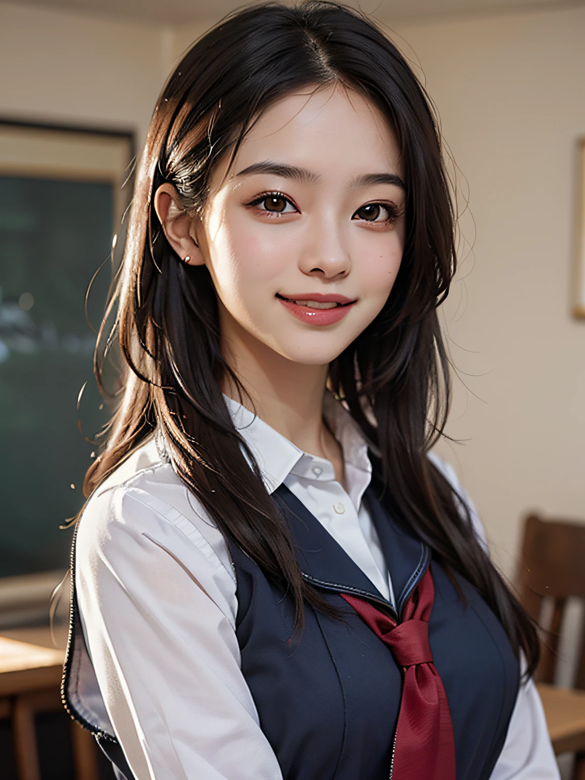 Top Quality, Masterpiece, Ultra HD, Photorealistic, 1girl, Smiling,Schoolgirl Uniform,Shot from Chest Up,