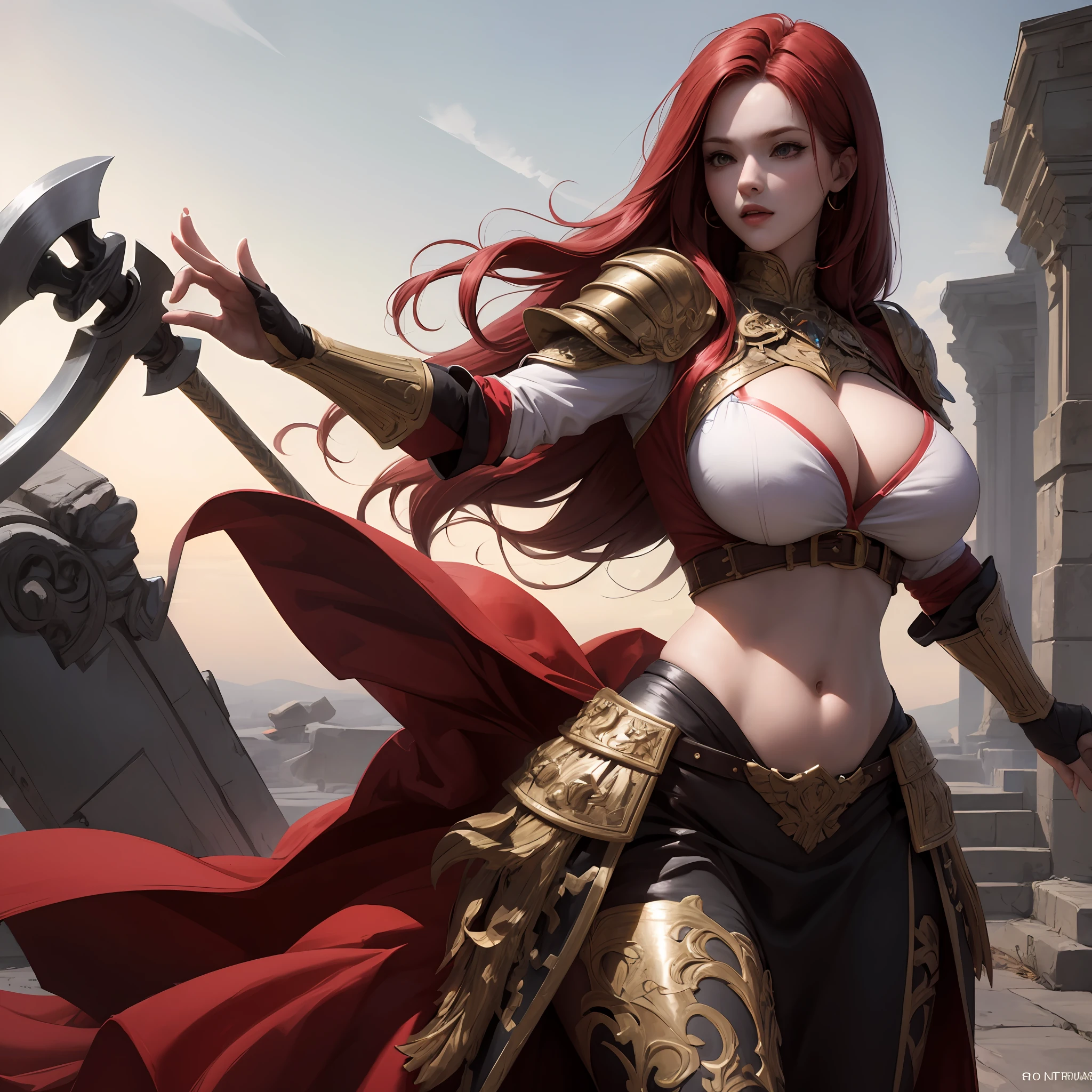 Red hair, long hair, armor, belly button, skirt, battle axe, perfect bust, taut breasts, phenomenal bust, huge, tall body --auto