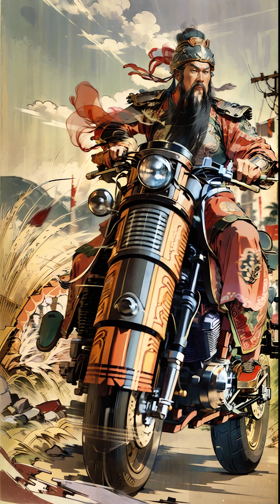 Comic style, HD quality, full body, perfect face, (eyes), Guan Yu, riding a red motorcycle, motorcycle,
