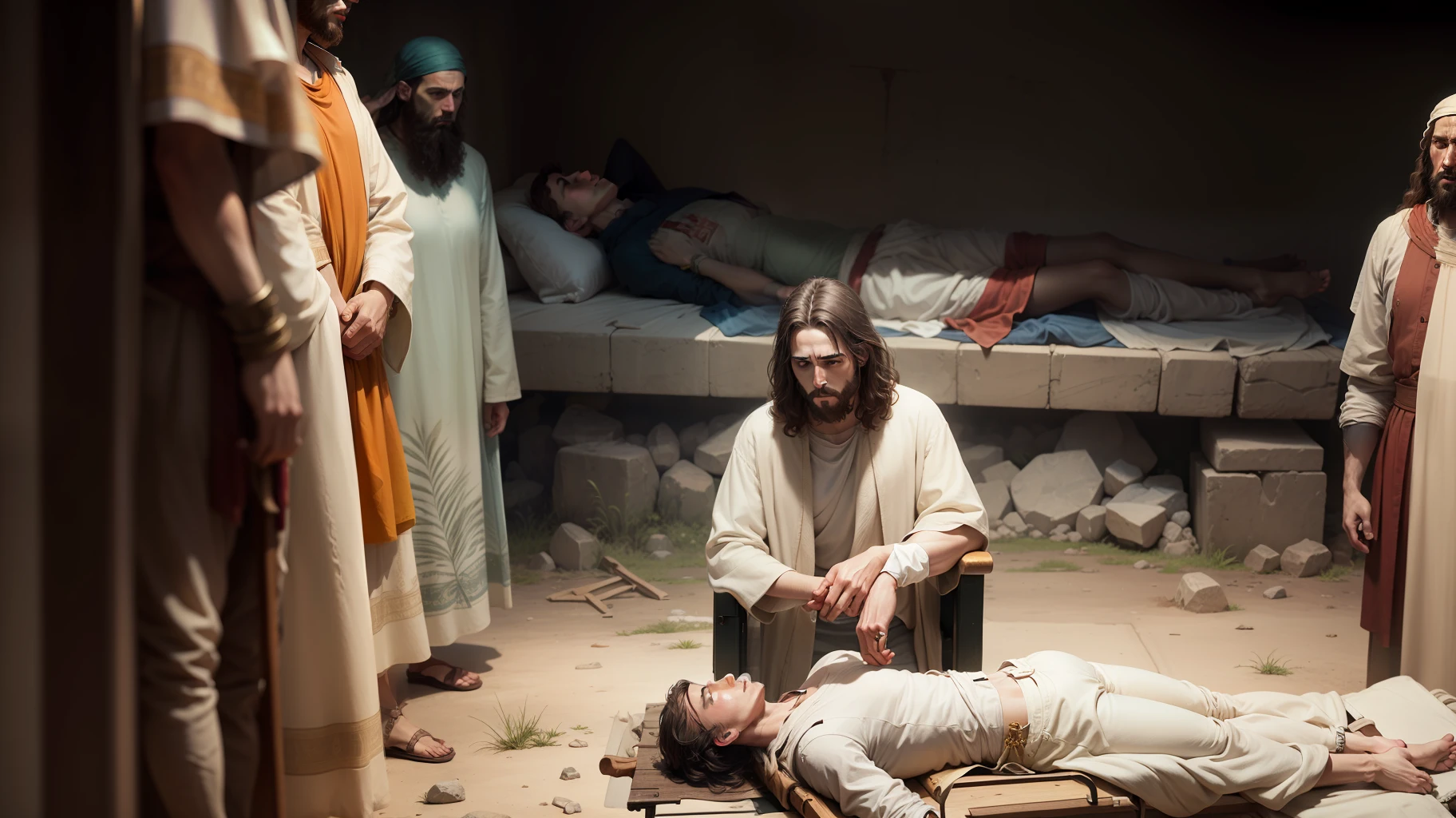 Jesus and the paralyzed man lying on a stretcher, biblical illustration, epic biblical representation, super realistic image, cinematic lighting, beautiful representation, realistic, 4k, hdr