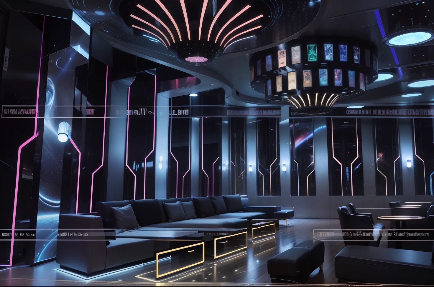 karaoke lobby yellow, pink, red, led dynamic effect. size 50x60 square meters. The bar has sparkling crystals. The wall is made of stainless steel and mirror grinding. The wavy ceiling is stainless steel, the light slot is bright. space travel style --auto