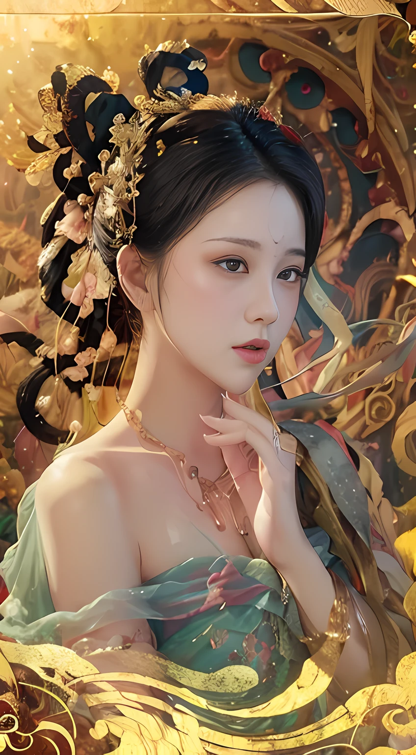 Beauty blogger's recommended app homepage, asking for women's side faces, display of cosmetic products, from left, beautiful romantic skin impeccable, 8k portrait of beautiful young woman semi-submerged in fog-shrouded lake, intricate, elegant, highly detailed, majestic, digital photography, surrealism wet lacquer gold ribbon with filigree, broken glass, rembrandt lamp, 8k HD, clear outer contour, background blur, shutter 300, FM5