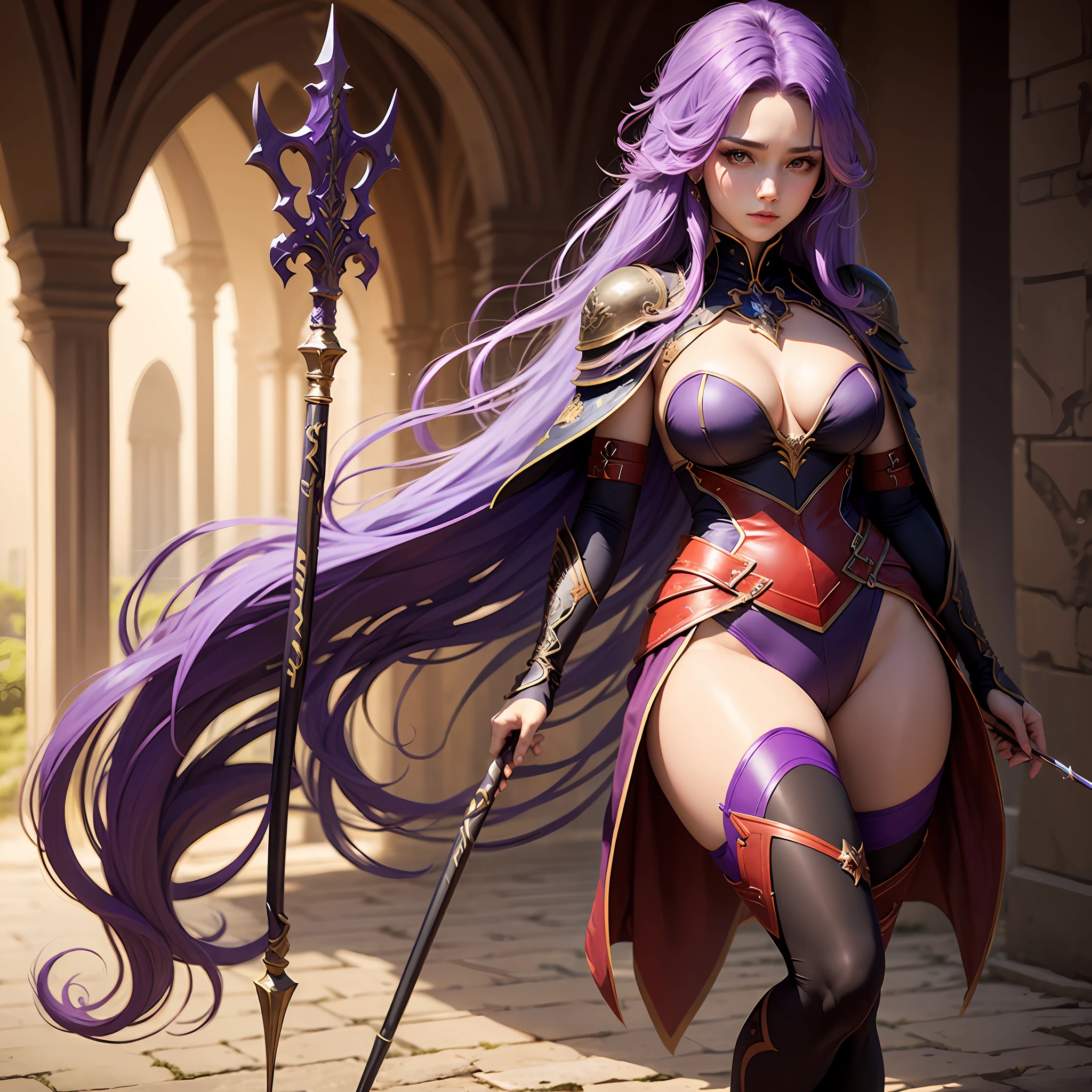Purple hair, red long spear, purple full-body tights, chest pad, waist-length long hair, perfectly shaped bust --auto