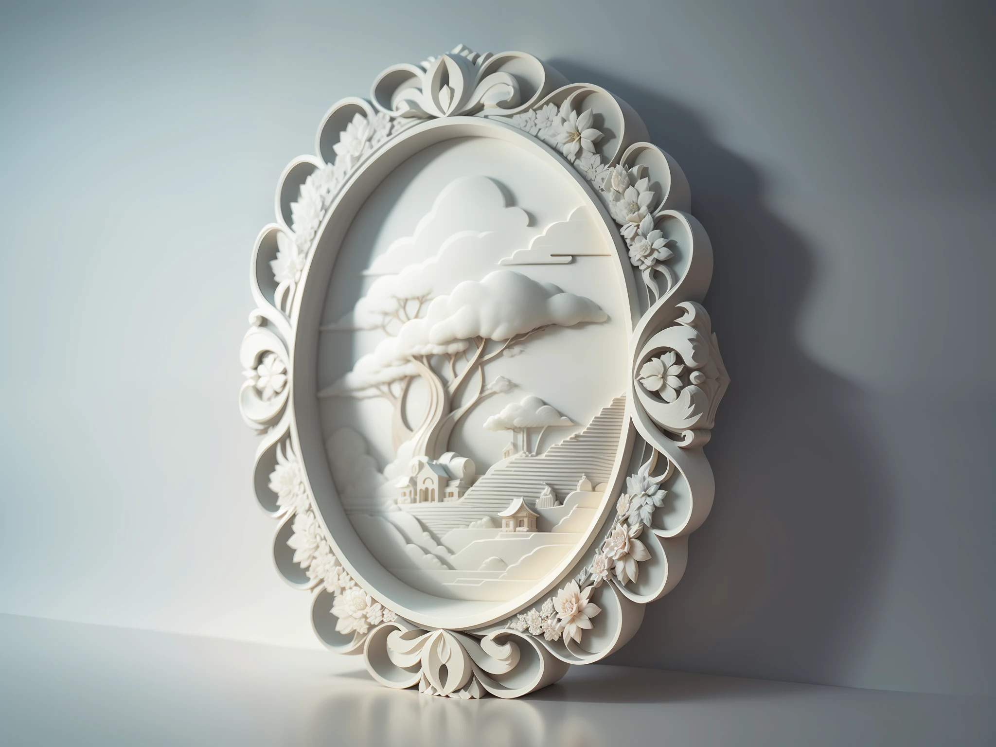 3D white relief, meticulously carved, white ivory carving, chinese illustration on white background, pastel, traditional chinese style, oriental landscape painting, multidimensional paper fog crafts, paper illustration, super wide angle view, dream, 8k, romantic, high resolution, 8k