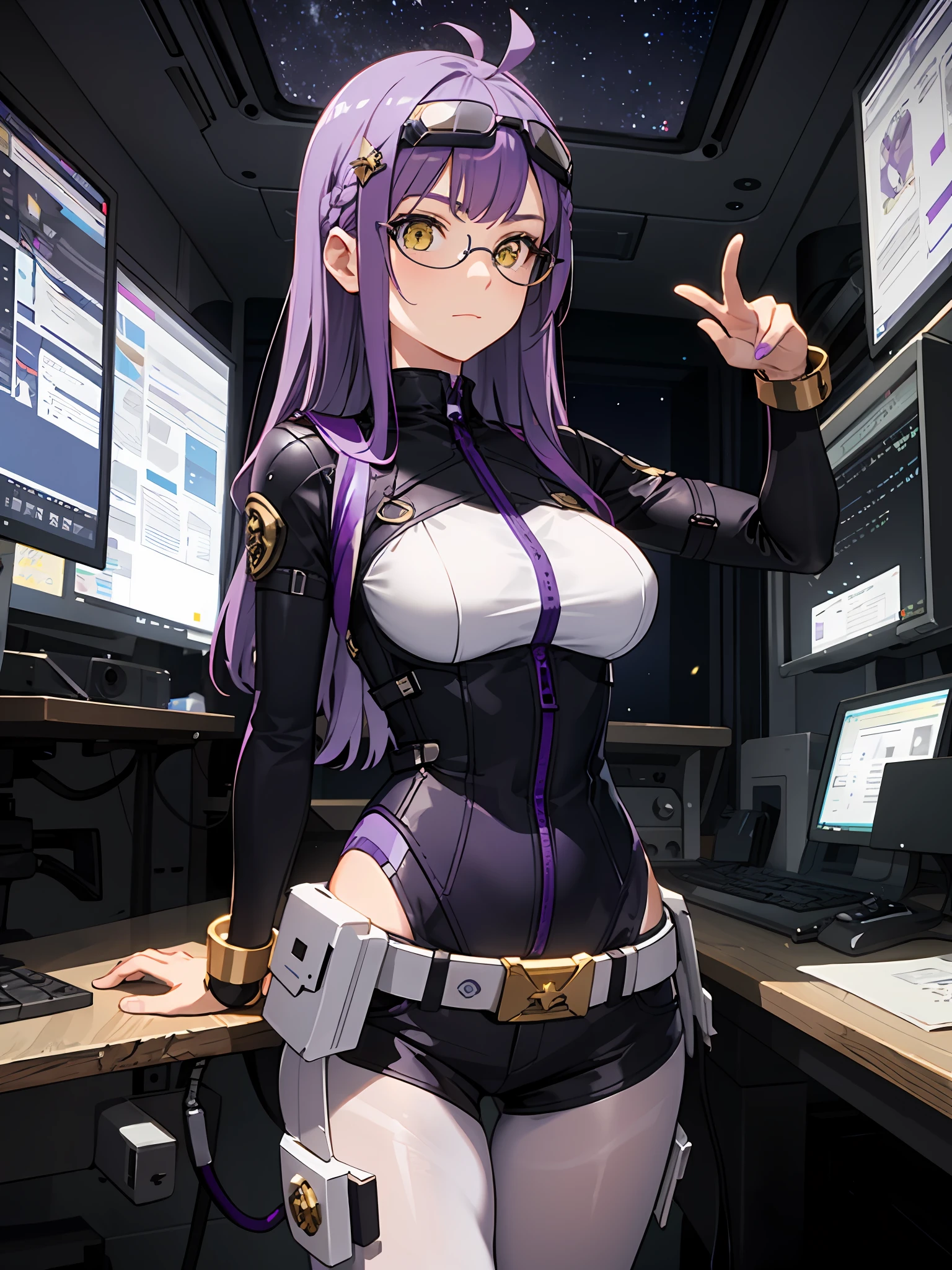 complex anime 3d render ultra detailed, (((masterpiece))), (((best quality))), ((ultra-detailed)),(3D Cartoon rendering),(from side),cinematic light,((single mechanical girl,alone)),({best quality}),(Ultra Fine),(full detail),delicate youthful face,well_developed curves,hourglass_figure,perspective,beautiful_face,high_quality_outfits,futuristic_outfits,silght_blush,full_body,full detail face,protective outfits,Honkai_Star_Rail,anatomical,Ray Tracing,Isomeric_view,;

(purple hair:1.5),indigo hair tips,two strand of deep violet hair framing face,violet ahoge, (waist-length flowy hair sorted into two parts on back),(one sharp triangle-shaped white mechanic head ornament at left side);(vivid yellow eyes:1.8,cross pupil),yellow goggle eyeglasses,golden hexagon necklace

Futuristic dress outfit,mechanic gadgets,elegant and modest outfits,black collar,black long slender sleeves,white short cape on back,black arm bracers,white bracelets,black gloves,white vest,white tanktop with violet lines,black mechanic corset with a pair of golden buttons,golden square badge on breast,violet zipper,violet traces, violet gadget holster attached to waists,white waist pack,violet waistband,(white scifi armor skirts,knee-length asymmeric segmented hems),(black streamline plain tassets),violet knee-length dress,black shorts,(black and violet pantyhose),golden mechanic gartener belt around left leg,silver waistband with gadget holsters,knee bracers;silver mechanic boots,heeled boots;

calm expression,brooding sight,clear eyes,stretching hands,standing,looking forwards

Night,Alone in white scifi command room with toolstands,standing in a spaceship,beside a workbench,starry sky visble through window in background, (starry sky:1.2),dreamy, [[delicate fingers and hands:0.55]:0.85],(detailed fingers)