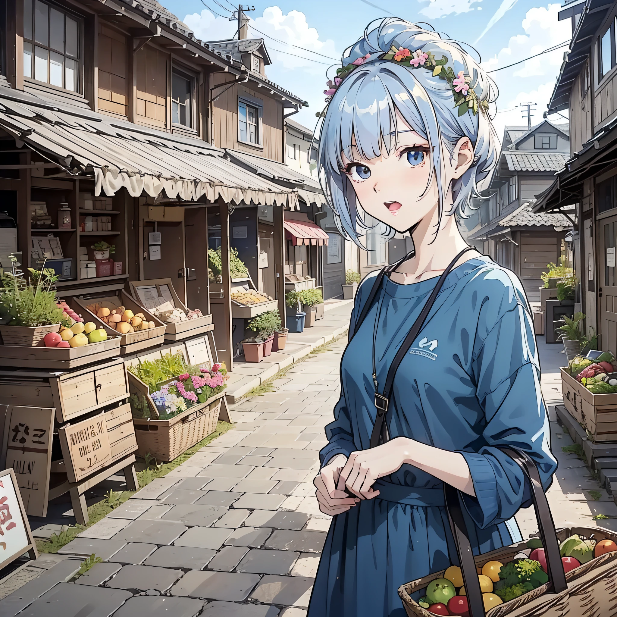 A middle-aged aunt in a blue shirt with short white hair standing in front of a small town market with a vegetable basket in her hand (Happy 1.5) (Open Mouth 1.2) (Wrinkle 1.5) (Middle-aged Aunt 1.5) (Upper Body Display 1.5) (Village House 1.5 in the background) (Cinematic Light 1.5) (Master Masterpiece: 1.4), Hyper Detail, Anime Style 4 K, Anime Rendering, Anime Style. 8k，