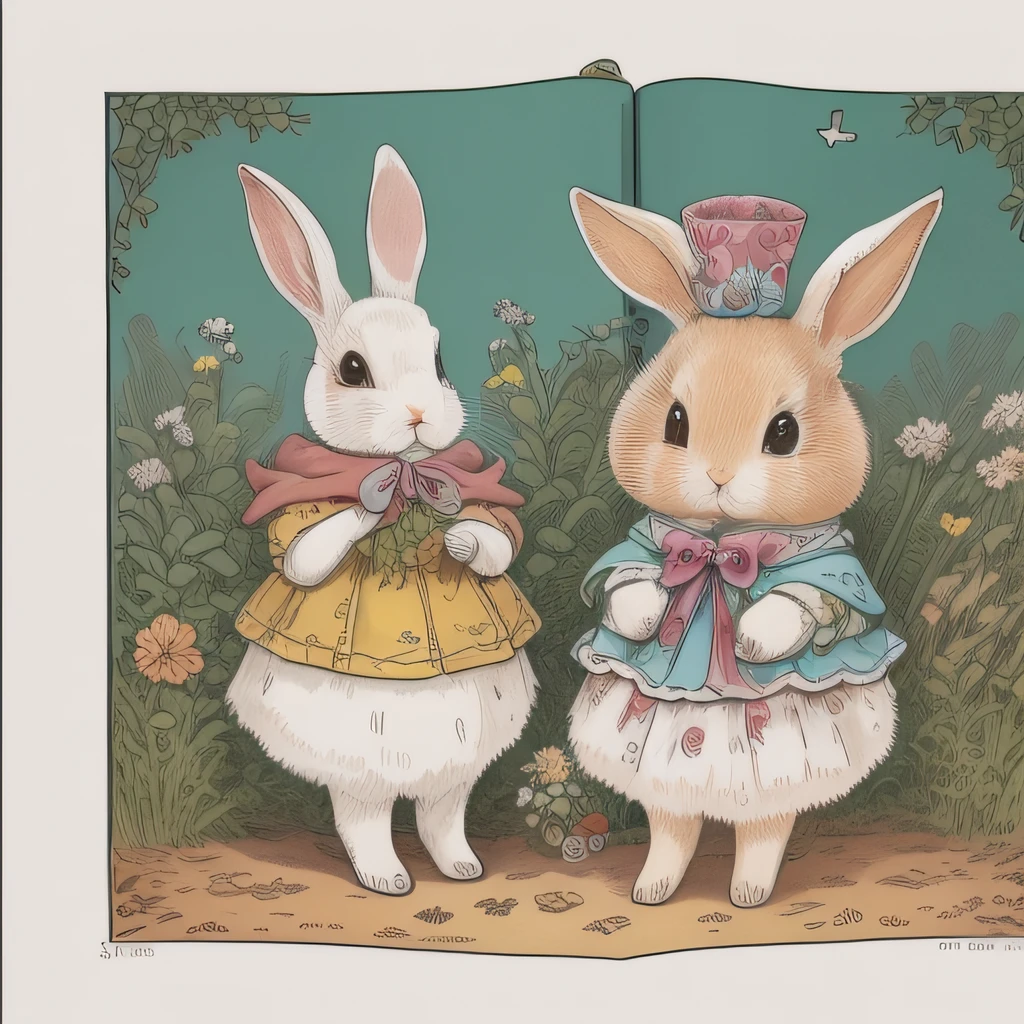 Picture book illustrations for children、Rabbit in a queen's dress、White rabbit、biped、Rabbit personification、3頭身、Setting image、cuddly、Two rabbit ears、color illustration、Configuration Materials、Colorful colors、Deformed rabbit、18世紀フランスの服、