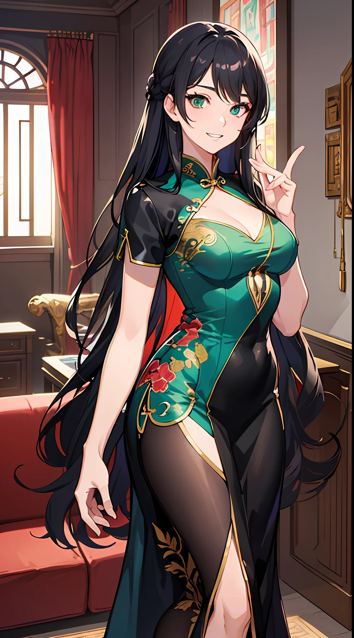 A beautiful middle-aged woman with long black hair, mature woman, wearing a cheongsam, green clothes, good figure, full body, in a villa, standing in front of the sofa in the living room, looking at the audience, very nervous, grin, smiley, smile, from outside, panorama, very luxurious ornaments, vistas, delicate facial features, clear facial expressions, detailed digital animation art, digital animation art, high-quality anime art style, handsome anime pose, Smooth anime CG art,