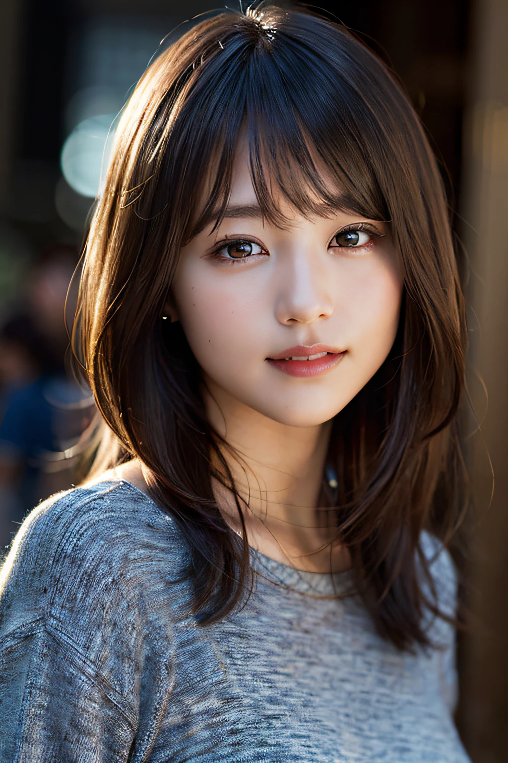 (8k, RAW photo, best quality, masterpiece:1.2), (realistic, photo-realistic:1.37), ultra-detailed, ultra high res,1 girl,looking at viewer,beautiful detailed face,smile,narrow,(slim waist:1.3),shirt, beautiful detailed skin, skin texture, floating hair,professional lighting,