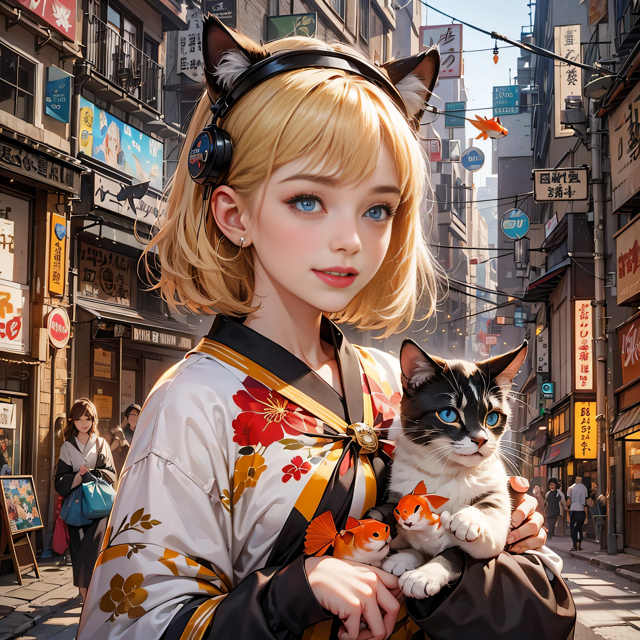 {{masterpiece, best quality, extremely detailed CG, unity 8k wallpaper}}, steampunk, downtown Tokyo in the early 20th century, 1 girl, 1 cat, smiling girl holding a cat, cute face, blonde short bob , ear piercings, goldfish print yukata, detailed face, detailed eyes, blue eyes, double eyelids, long eyelashes, popeyed goldfish flying around her, cinematic lighting,