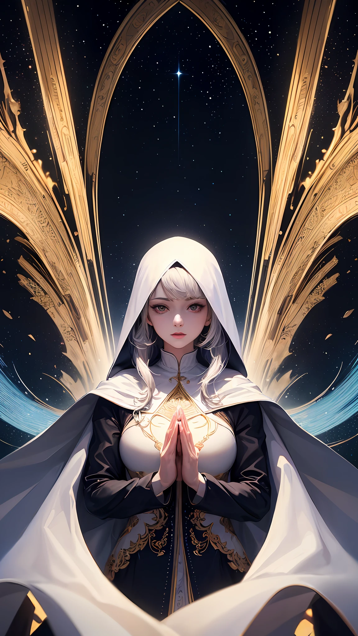 (masterpiece, top quality, best quality, official art, beautiful and aesthetic:1.2), (1girl), extreme detailed, (fractal art:1.3), colorful, highest detailed, perfect face, upper body, HDR, (praying:1.3), (white cloak golden lines:1.2), galaxy, (light streaks), striking visuals, (dynamic streaks, luminous trails:1.2), vibrant colors,