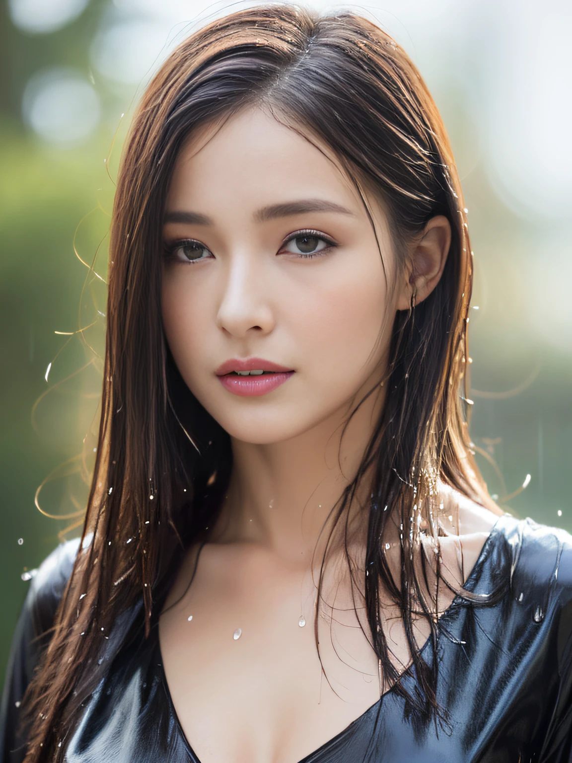 (Top quality, 4k, Masterpiece:1.3), Pretty woman, 1 woman, (breasts, attractive body:1.2), abs:1.1, dark brown hair:1.1, (rainy wet, wet in the rain, wet torso: 1.2), very fine face, delicate lips, delicate eyes, double eyelids, sparkling eyes, sparkling lips,