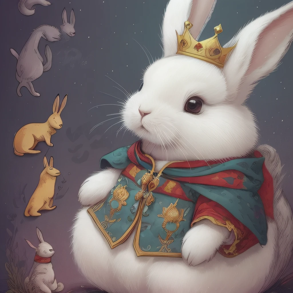 Picture book illustrations for children、The King on the Throne、The king facing the front、White rabbit、biped、Rabbit personification、3頭身、Setting image、cuddly、Two rabbit ears、color illustration、Configuration Materials、Colorful colors、Deformed rabbit、18世紀フランスの服、