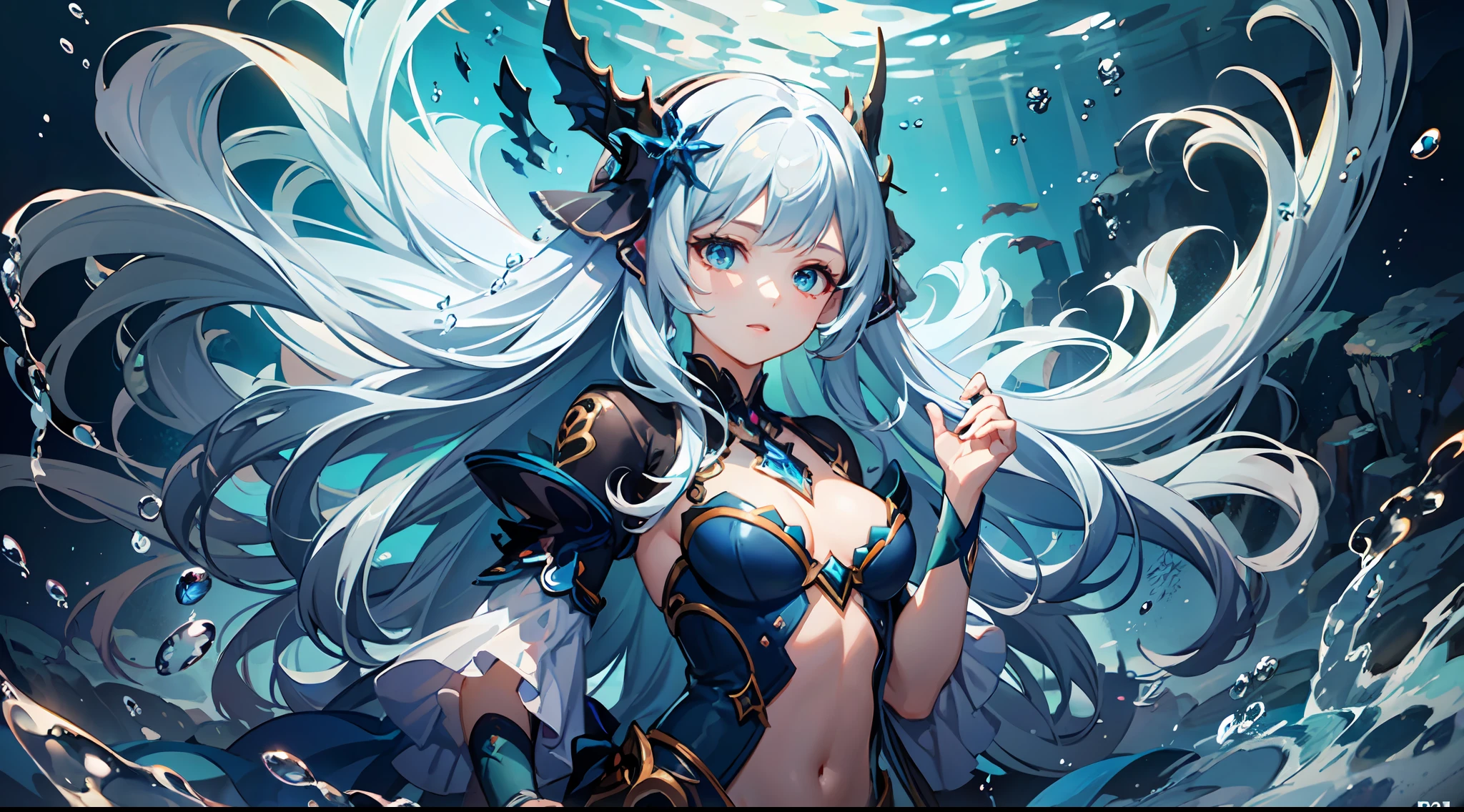 Describe a daughter of the sea, , underwater world, long blue hair, fluorescent coral, coral, bubbles, fantasy art concept, dream, masterpiece, best quality, (very detailed CG unified 8k wallpaper), (best quality), (best illustration), (best shadow), fine detail, ray tracing, super detail, denim shot