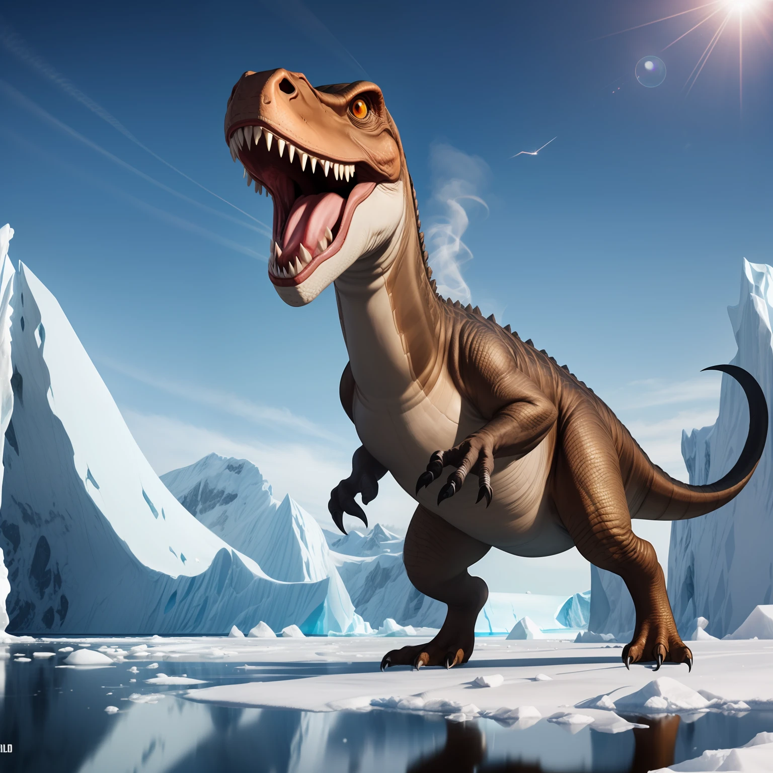Aperture, more detail of dinosaurs, reduce reflections on dinosaurs, correct shadows, smoke in the distance, lens flares, (iceberg), portal, (South Pole)