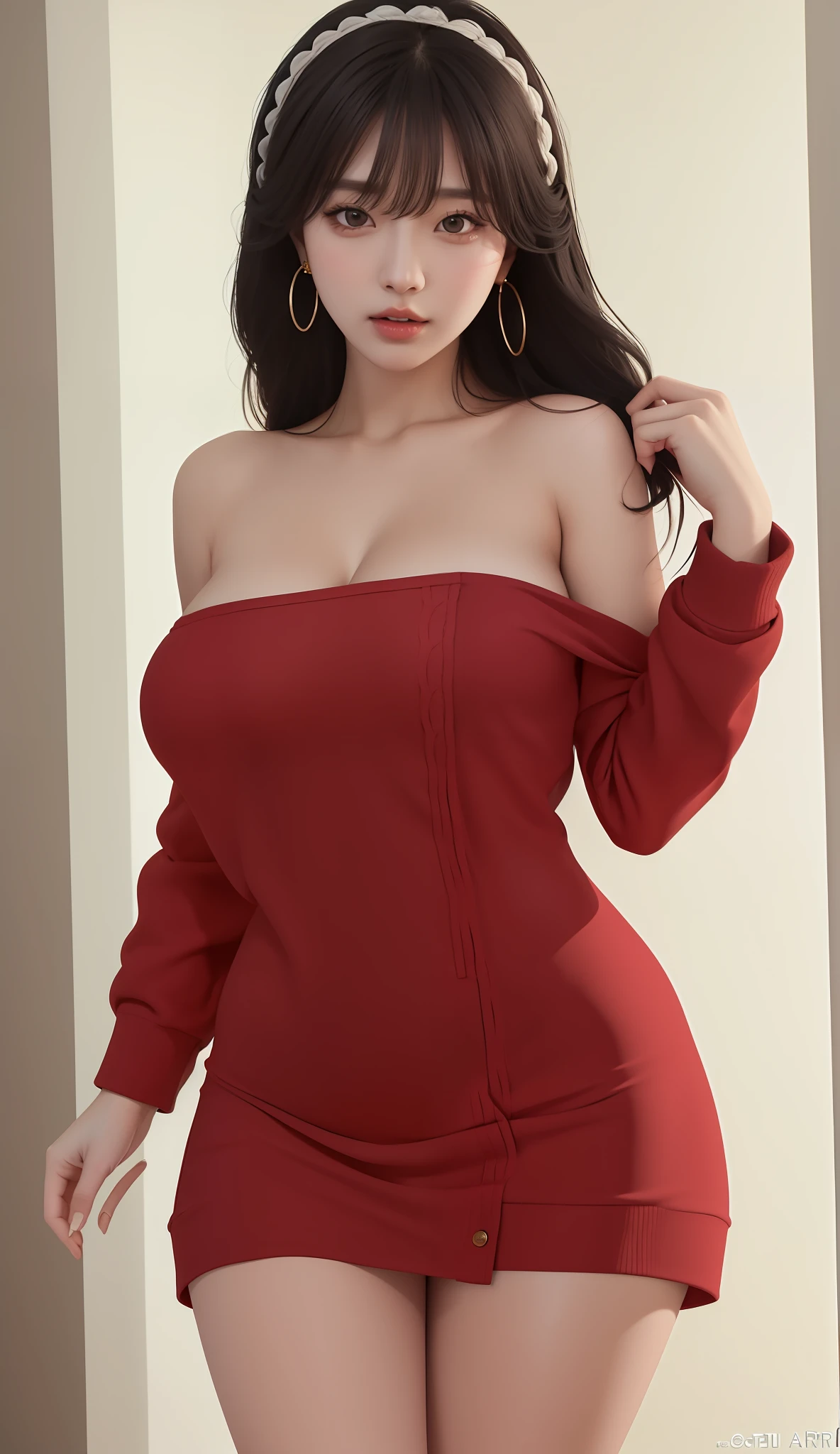 An Idol k-pop girl, cute face, braid hair, intricate face details, detailed face, golden ratio face, ((big breasts:1, slim waist, big butt, big hip, big thighs)), (intricate hands, intricate feets), full body, 64K, UHD, HDR, global illumination, (high quality, high detailed, hyper detailed, extremely detailed), photo realistic, ultra realistic, art photo, (clarify the details, detailed parts body), intricate artwork masterpiece, trending on artstation, (lewd face), tight clothes, sweater dress, golden earrings, indoor background