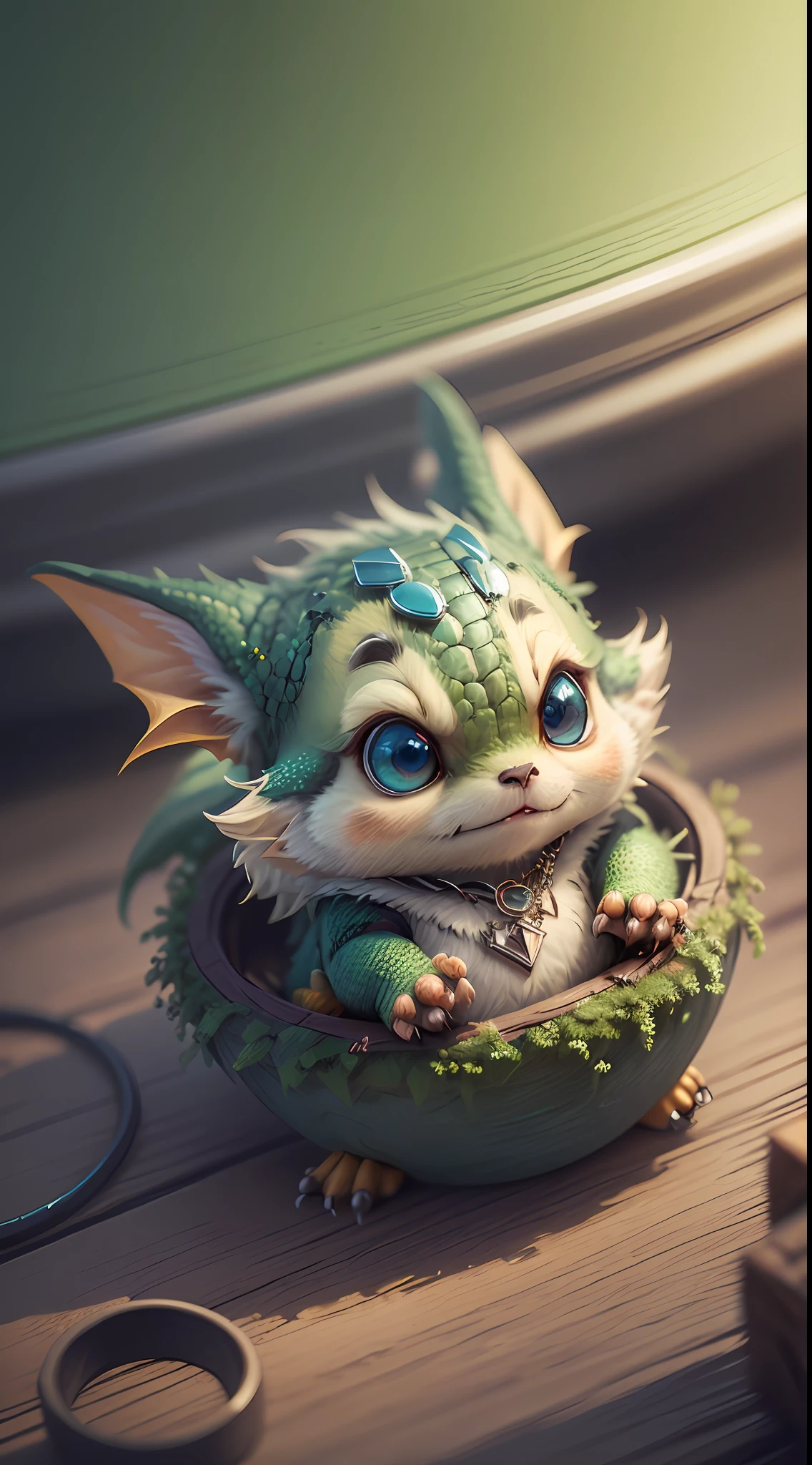 Gorgeous tiny hyperrealistic dragon with realistic eyes and bright different colors taking care of a necklace, Chibi, adorable and cute, logo design, cartoon, cinematic lighting effect, charming, 3D vector art, cute and quirky, fantasy art, bokeh, hand drawn, digital painting, soft lighting, isometric style, 4K resolution, photorealistic rendering, highly detailed cleaning, vector image, photorealistic masterpiece, professional photography, simple space scenery, isometric, vibrant vector