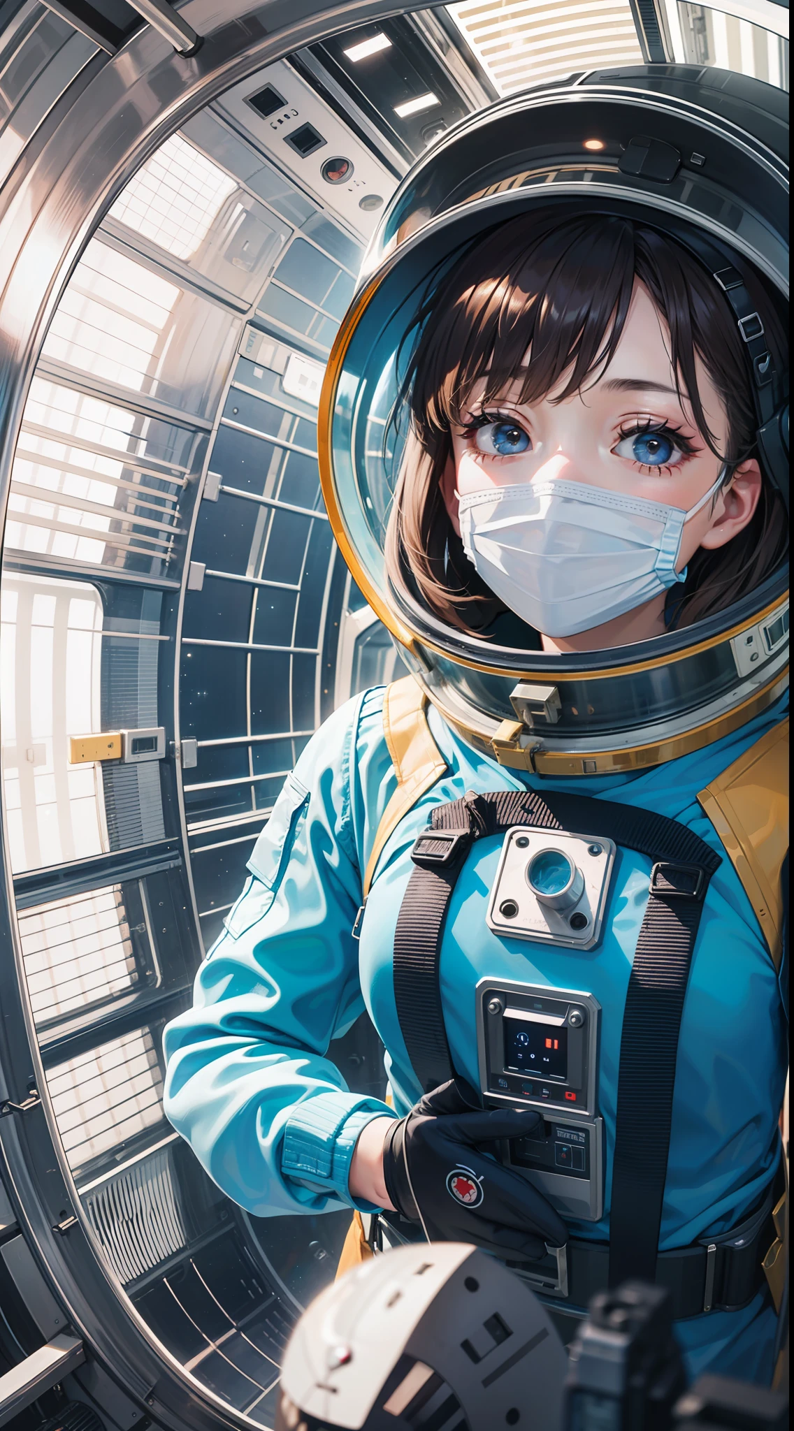 1Girl, space suit, large chest, helmet, transparent glass mask,Gravitational state, vacuum,Weightlessness, in the space capsule, direct sunlight on glass