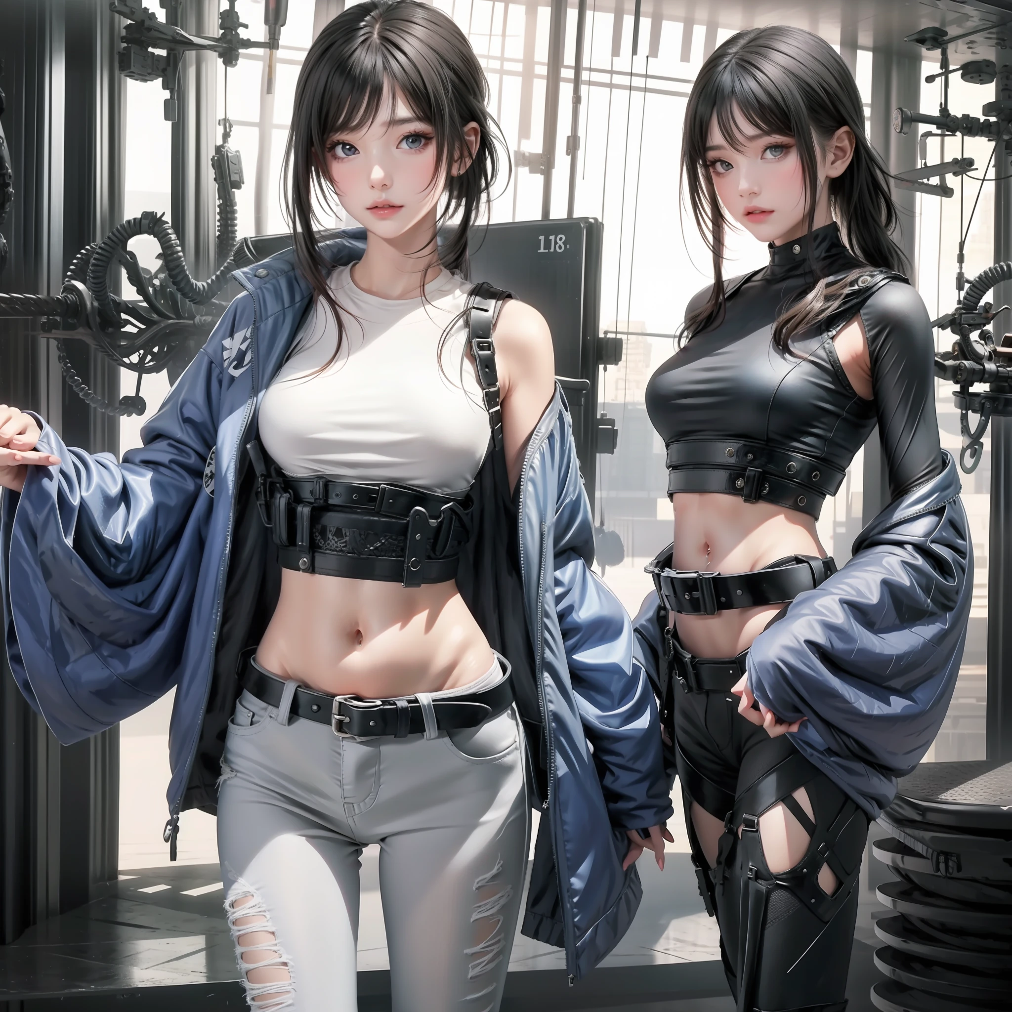 (Cyberpunk Environment: 1.2), Makeup, (1 Girl: 1.4), Best Quality, Masterpiece, (Reality: 1.2), Young Woman, Lady, Detailed Face, Detailed Eyes, Fine Hair, Delicate Skin, Looking at the Audience, Dramatic, Vibrant, Clear Focus, 50mm, F1.2, EOS R8, (3/4 Body: 1.2), Standing, (Complex Background: 1.6), (Best Quality Detail: 1.2), 8K HD, White Shirt, Open Belly Button, Skinny hip-wrapped ultra-short jeans, delicate belt, sexy black silk. Pear-shaped body, perfect body, soft little hands, small hand coordination, petite and cute, perfectly coordinated figure.
