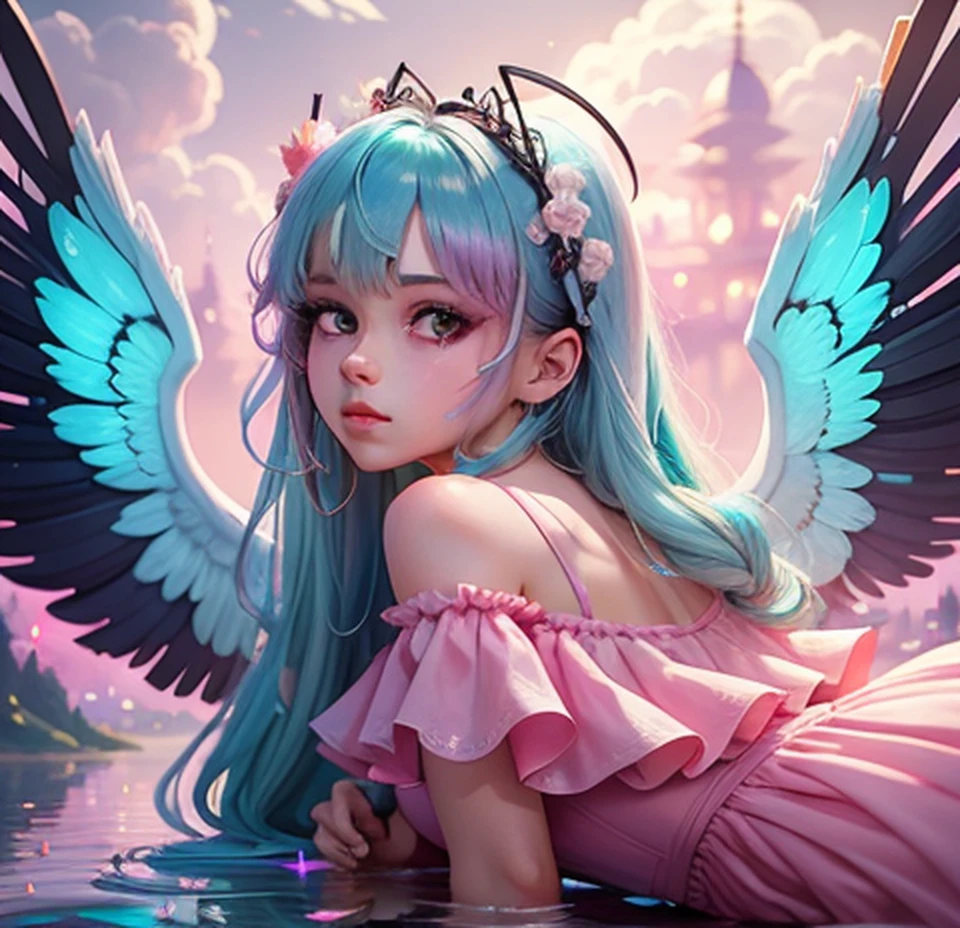 Masterpiece, {beauty},solo,1 girl, pink dress, fantastic hair, neon background white wings, cloud background, lake blue hair