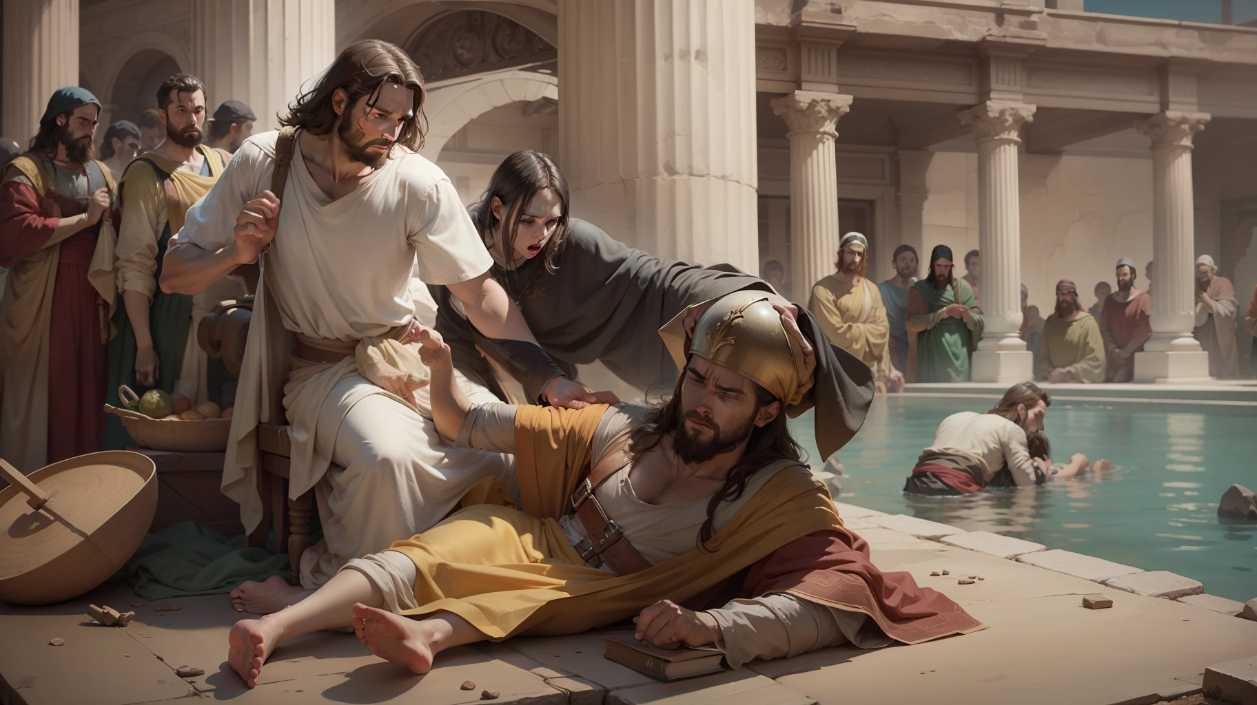 Jesus and the Paralytic, Biblical Illustration, Epic Biblical Representation, Super Realistic Image, Cinematic Lighting, Beautiful Representation, Realistic, 4K, HDR
