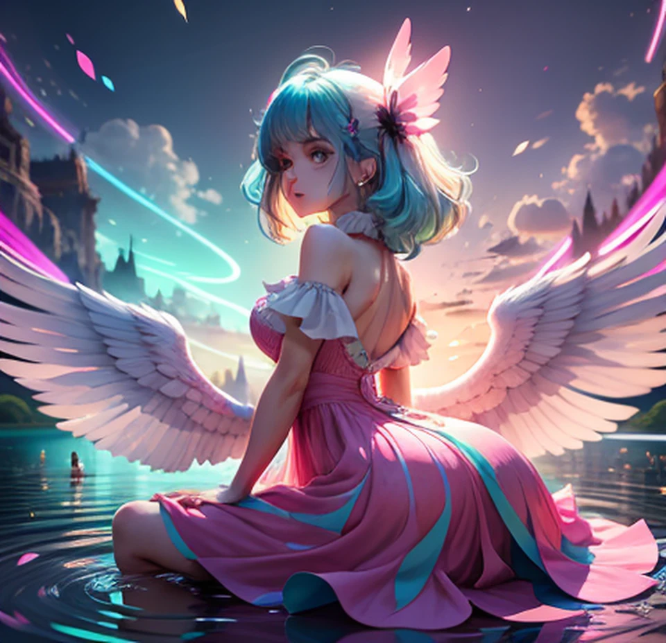 Masterpiece, {beauty},solo,1 girl, pink dress, fantastic hair, neon background white wings, cloud background, lake blue hair