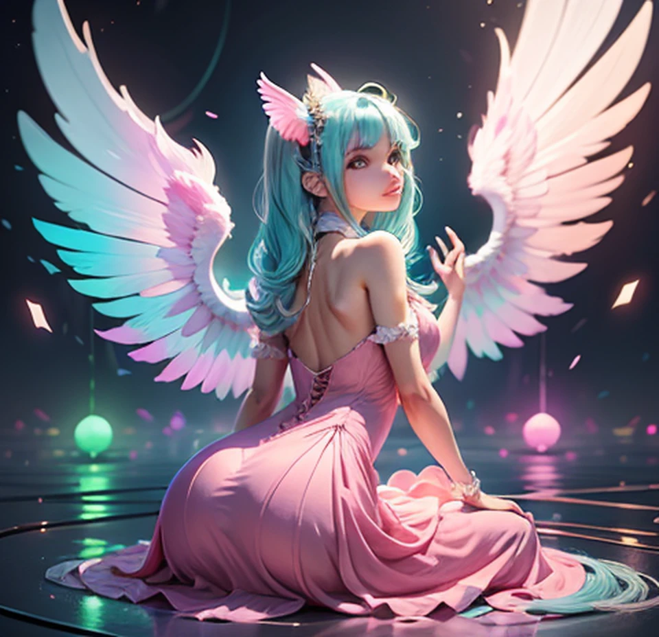 Masterpiece, {beauty},solo,1 girl, pink dress, fantastic hair, neon background white wings, cloud background, lake blue hair