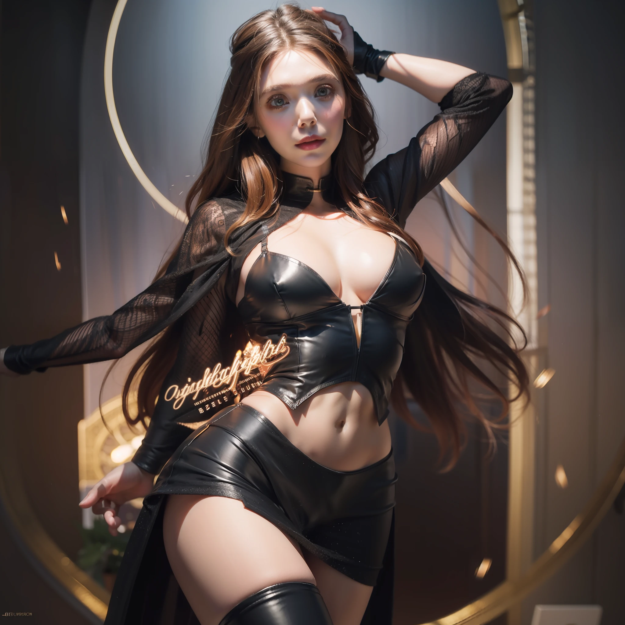 Elizabeth Olsen, 1girl, solo, full body, long hair, breasts, busty, looking at viewer, brown hair, black hair, cleavage, scarlet dress, red dress, scarlet witch headband, translucent, high side slit, show thigh, long black boots floating, legs straight down, multicolored hair, lips, realistic, glowing eyes, Hyperrealism, glowing light, ray tracing, backlighting, bokeh, f/1.2, Canon, best quality, anatomically correct, high details, super detail, high quality, best quality, 16k