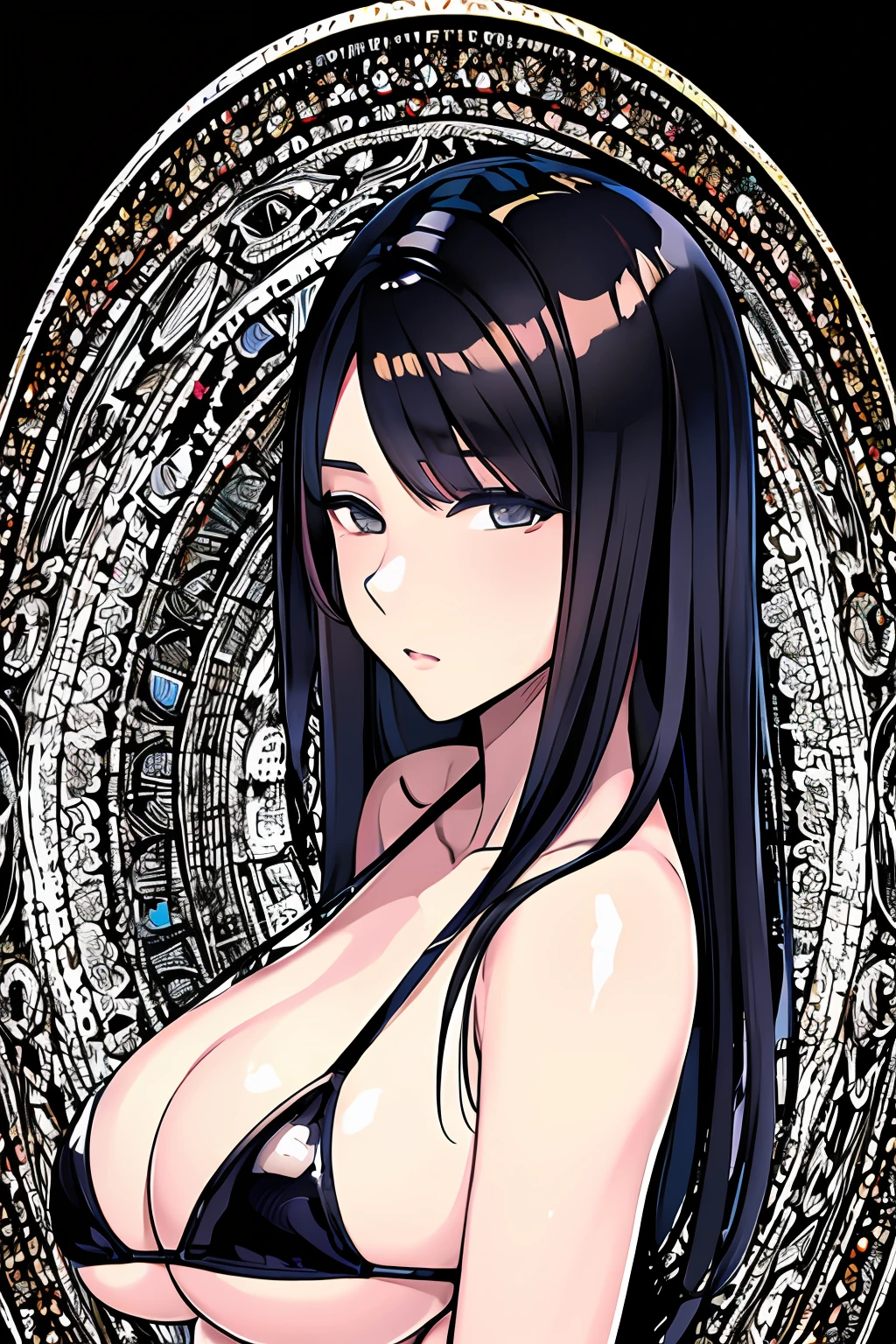 (Masterpiece, Top Quality, Best Quality, Official Art, Beautiful and Aesthetic: 1.3), (1 Girl: 1.5), (Front))), Very Detailed, (Fractal Art: 1.1), Supreme Detail, (Zentangle: 1.2), (Abstract Background: 1.3), (Black Hair))), (: 1.5), (Shiny Skin), (Many Colors: 1.1), (Big)))), , Light 