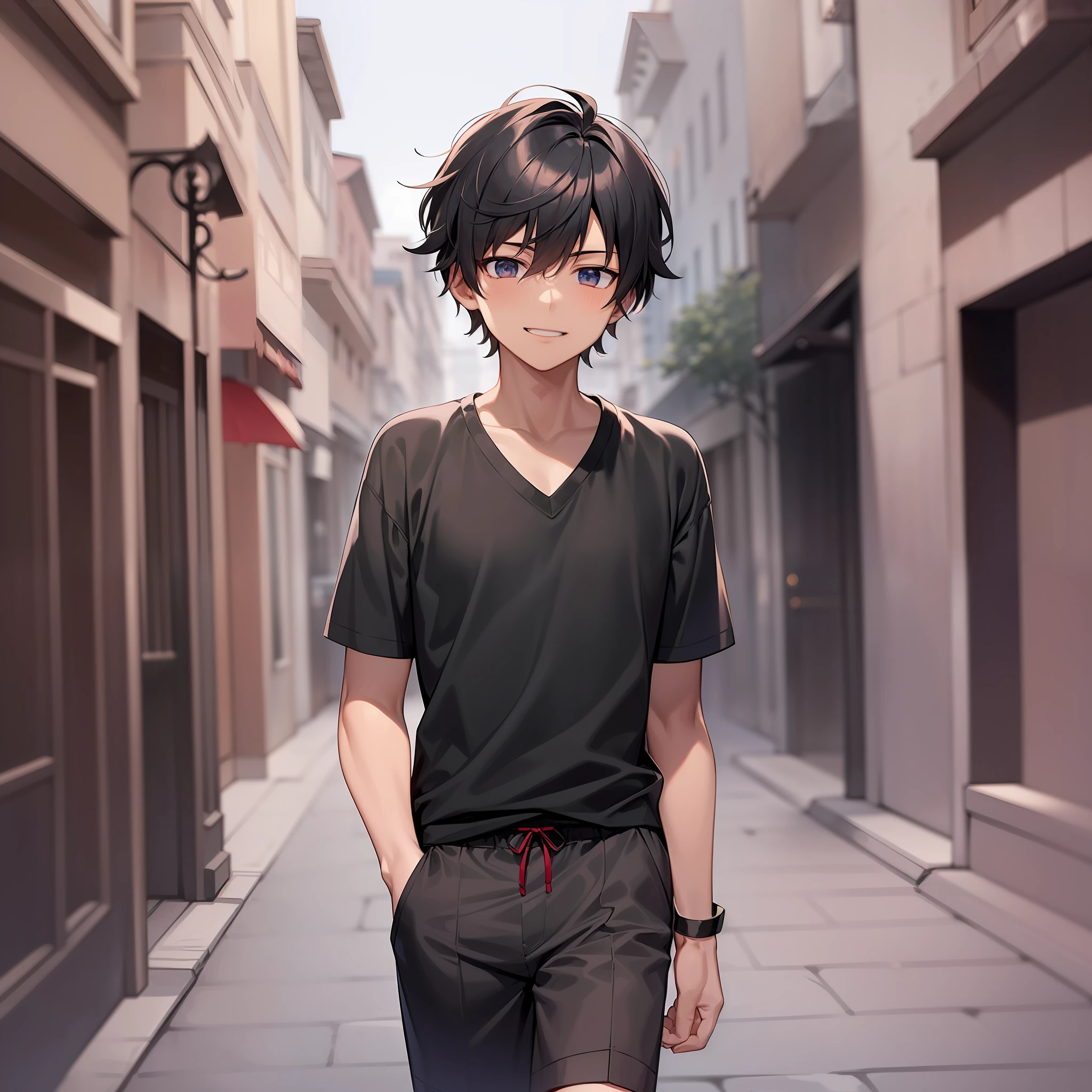 (solo,ung boy) ((1boy,anime young boy in red v neck short shirt and black short pants walking down a street)), anime boy with black curtain hairstyle, potrait,face to face,smile,red shirt