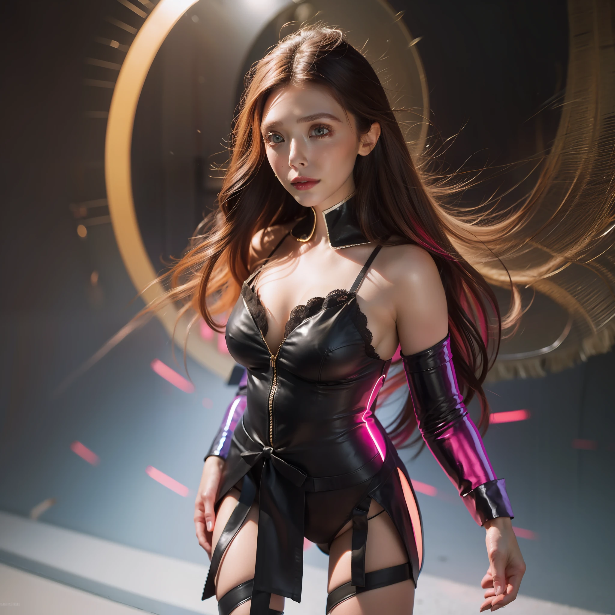 Elizabeth Olsen, 1girl, solo, full body, long hair, breasts, busty, looking at viewer, brown hair, black hair, cleavage,  scarlet dress, red dress, scarlet witch headband, translucent, high side slit, show thigh, long black boots floating, legs straight down, multicolored hair, lips, realistic, glowing eyes, Hyperrealism, glowing light, ray tracing, backlighting, bokeh, f/1.2, Canon, best quality, anatomically correct, high details, super detail, high quality, best quality, 16k