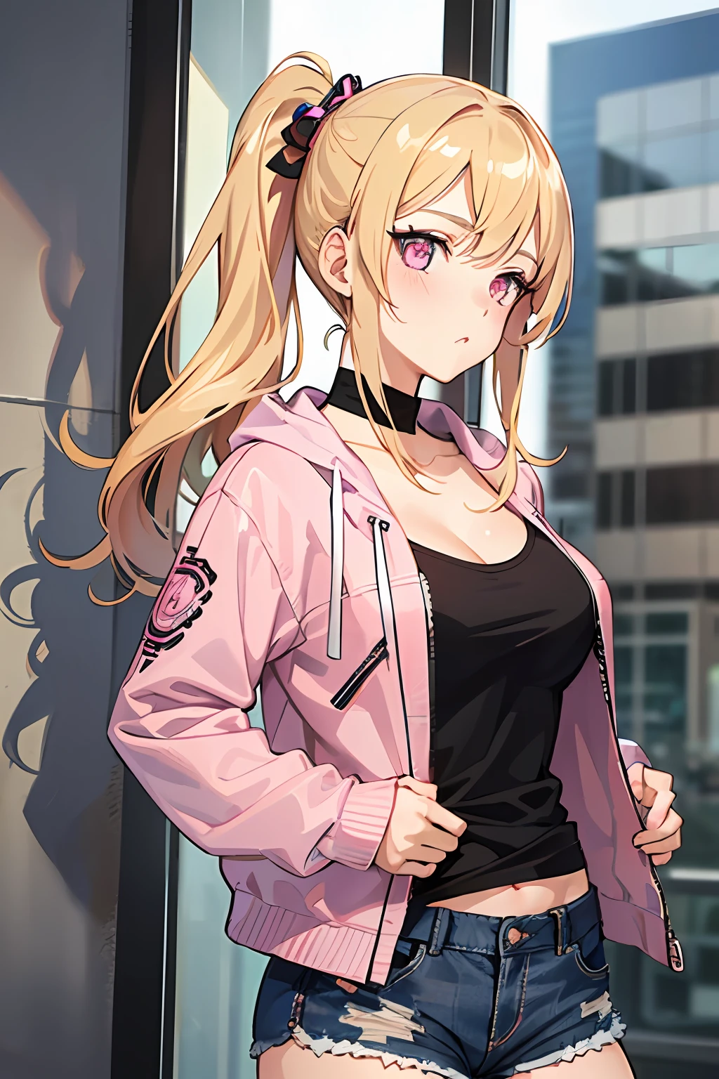1girl, anime, (good hands), (((ultra-detailed))), ((masterpiece)), ((illustration)), young adult, modern, upper torso, facing forward, side ponytail, (blonde hair), feisty pink eyes, peachy skin, casual outfit, jacket, shorts, tsundere, pouting