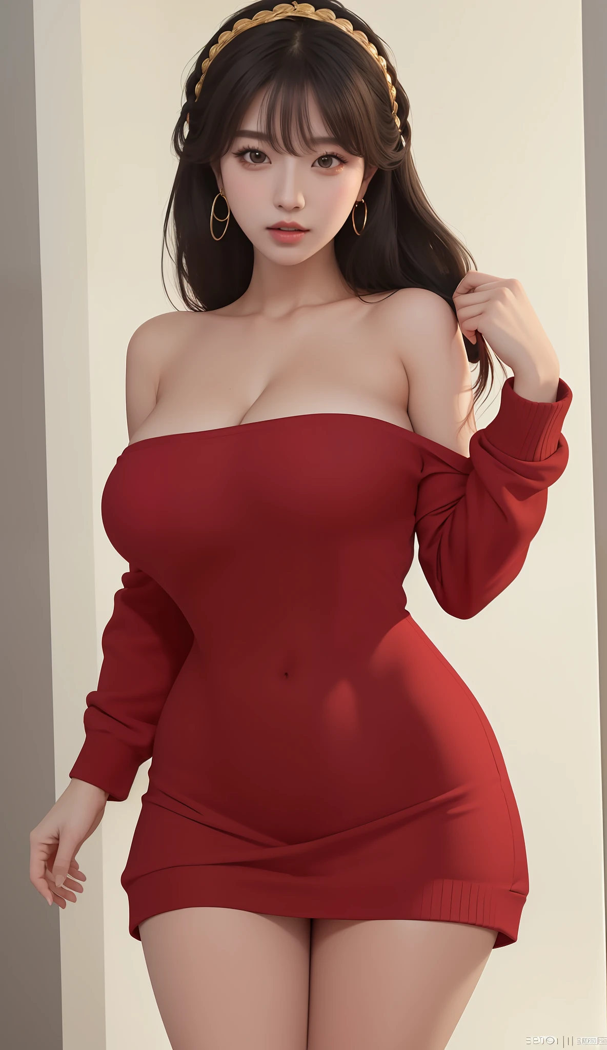 An Idol k-pop girl, cute face, braid hair, intricate face details, detailed face, golden ratio face, ((big breasts:1, slim waist, big butt, big hip, big thighs)), (intricate hands, intricate feets), full body, 64K, UHD, HDR, global illumination, (high quality, high detailed, hyper detailed, extremely detailed), photo realistic, ultra realistic, art photo, (clarify the details, detailed parts body), intricate artwork masterpiece, trending on artstation, (lewd face), tight clothes, sweater dress, golden earrings, indoor background