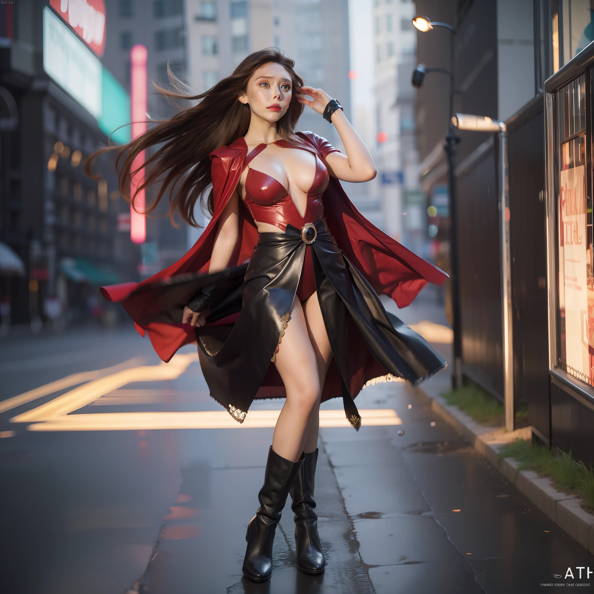 Elizabeth Olsen, 1girl, solo, full body, long hair, breasts, busty, looking at viewer, brown hair, black hair, cleavage,  scarlet dress, red dress, scarlet witch headband, translucent, high side slit, show thigh, long black boots floating, legs straight down, multicolored hair, lips, realistic, glowing eyes, Hyperrealism, glowing light, ray tracing, backlighting, bokeh, f/1.2, Canon, best quality, anatomically correct, high details, super detail, high quality, best quality, 16k