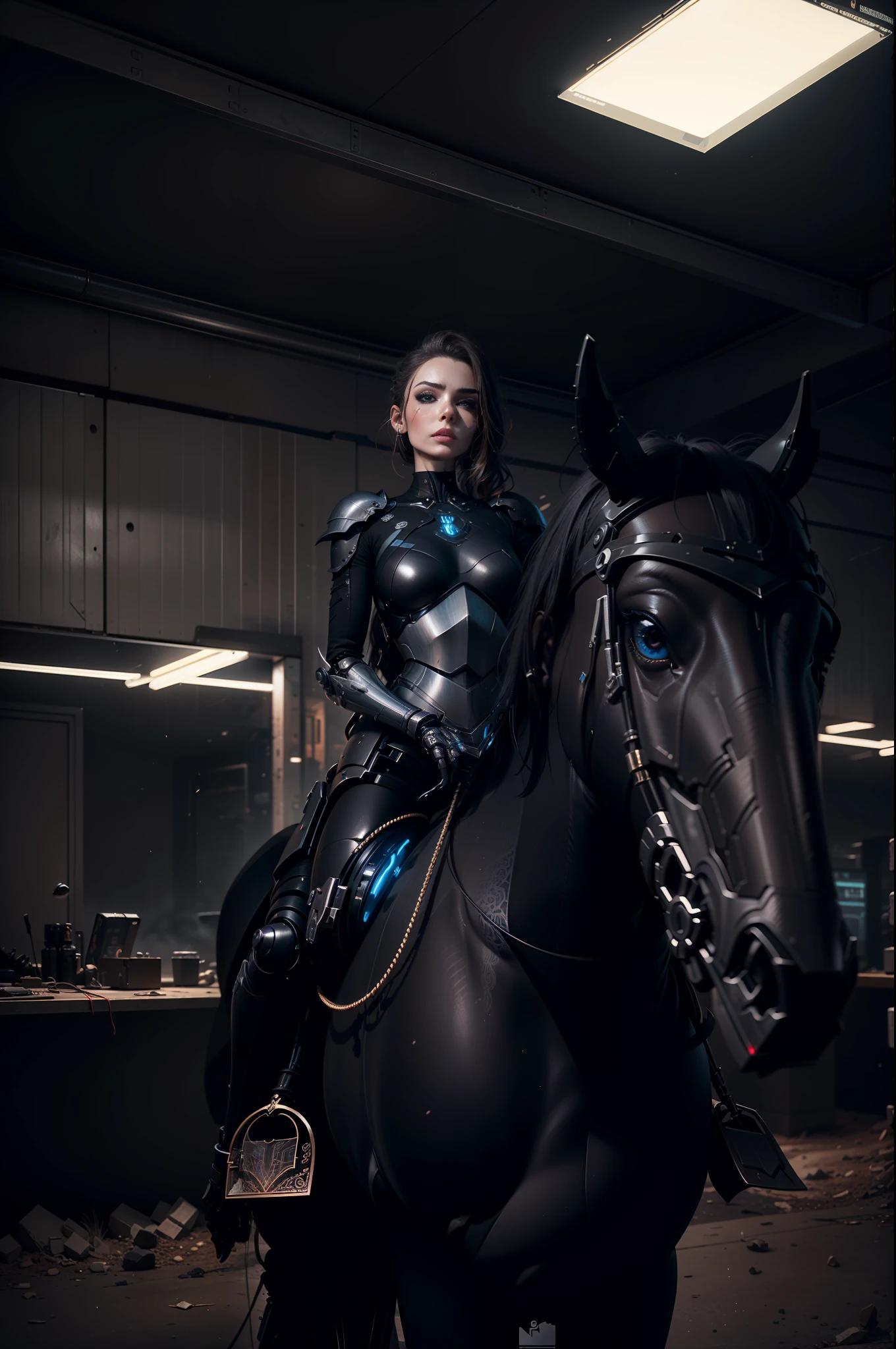 Very beautiful detailed face and eyes, sexy beautiful cyberpunk female knight in black armor, Nousr, biomechanics, MSHN robot woman, high-tech helmet, surreal, steel, intricate design, crazy details, fine details, extremely clear lines, cinematic lighting, photo realisticity, detailed masterpiece