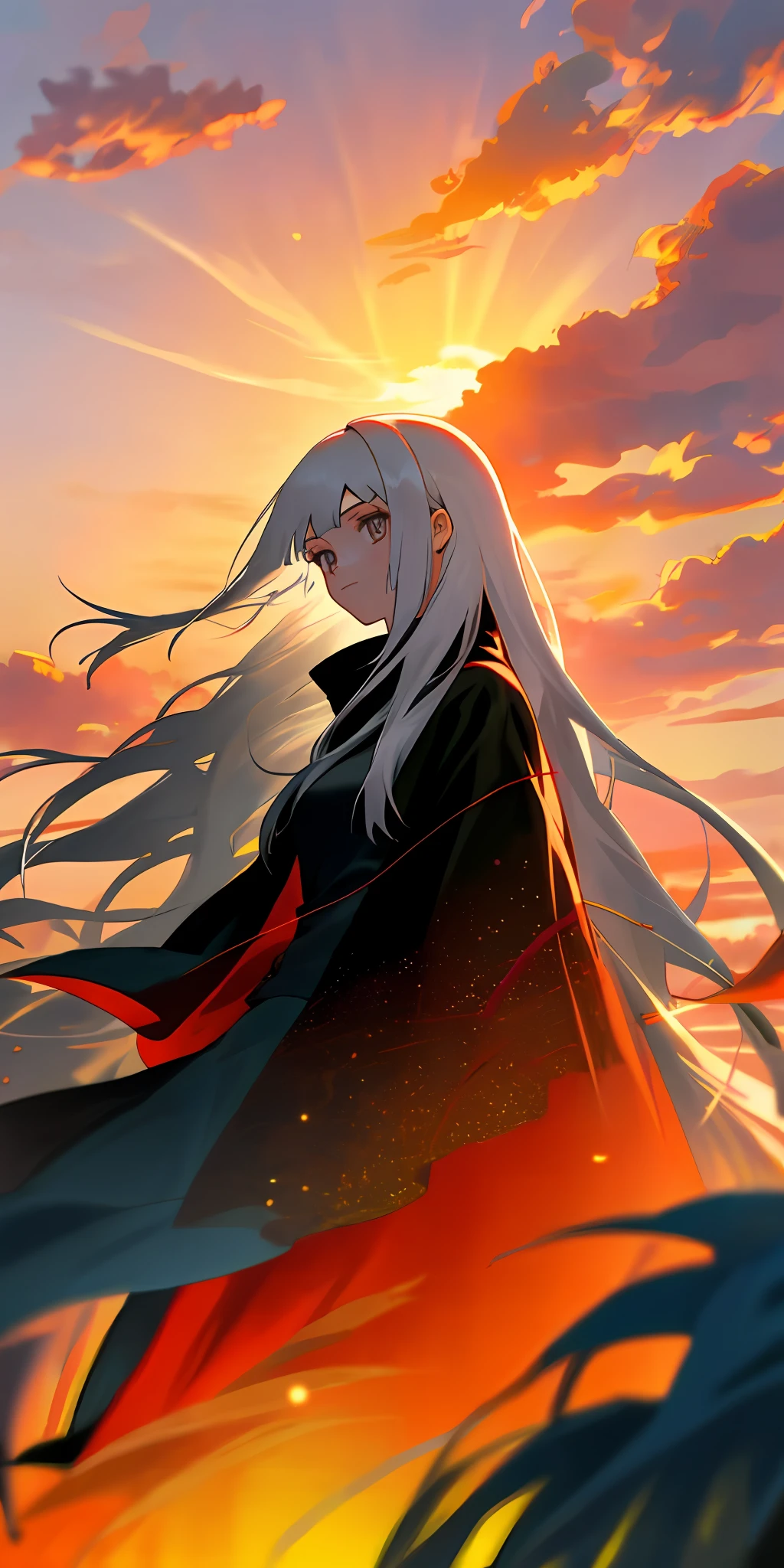 (masterpiece, best quality),1girl with long white hair , sunset in country