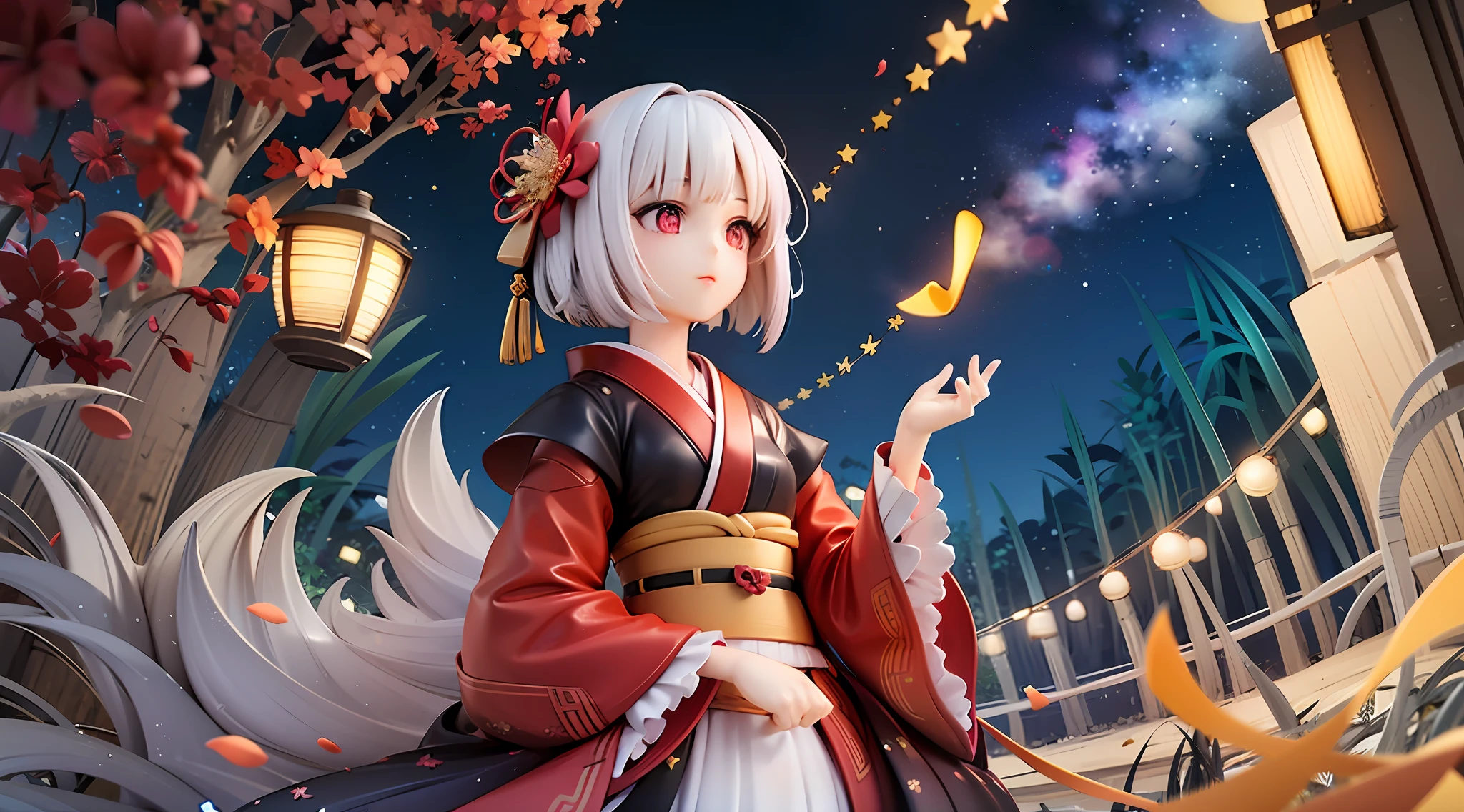 girl, silver hair, red eyes, bob cut, red flower kimono, looking up at the sky, surrounded by bamboo forest, fantastic lights, night, starry sky, milky way, glittering