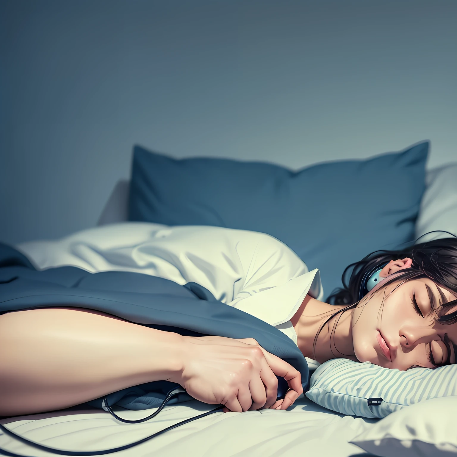 lazy days, a person lying in bed with headphones to remove his hand --auto