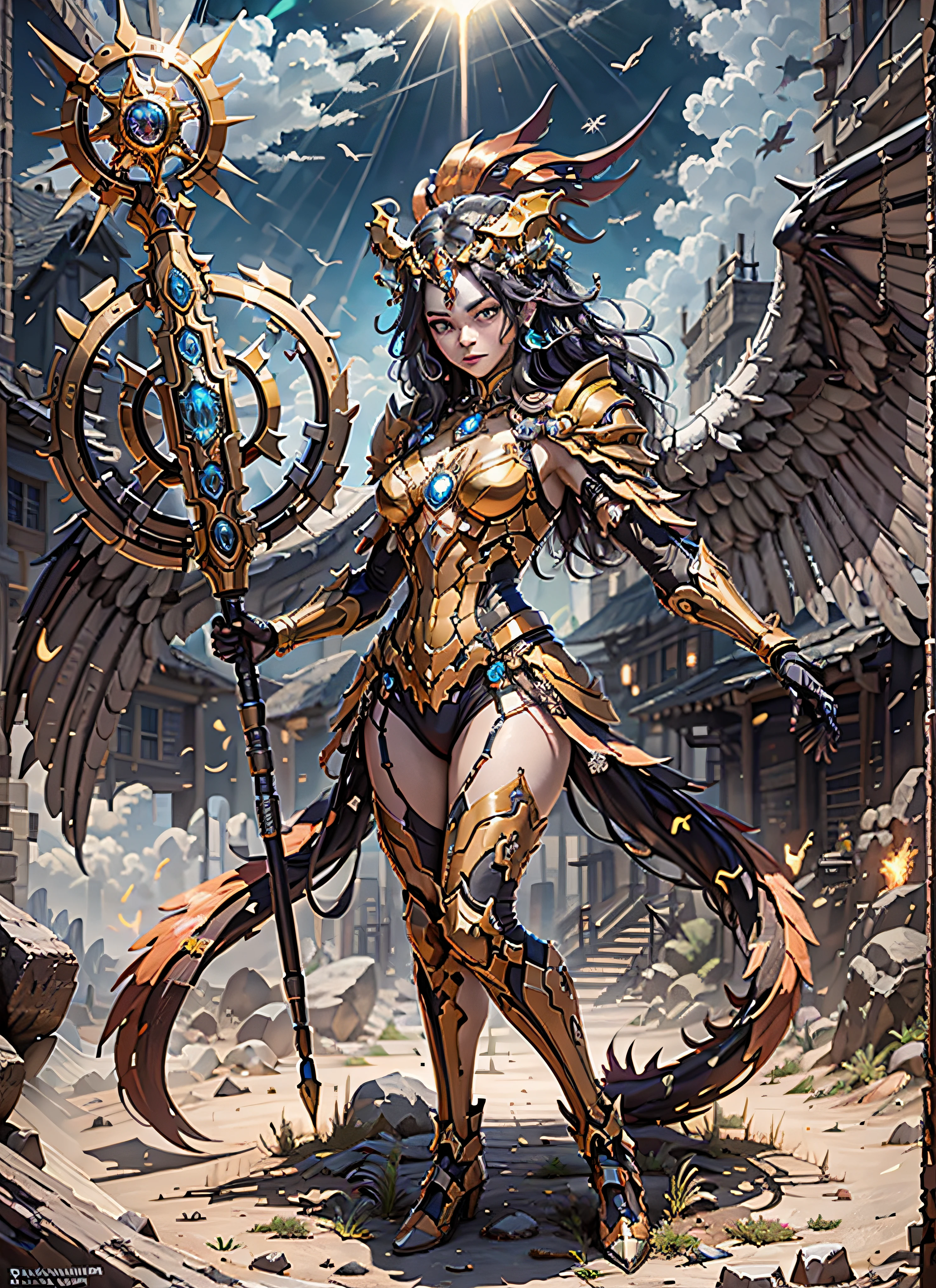 1girl, beautiful empress of the sun, detailed eyes, detailed face, detailed skin, mature body, tall body, seductive body, medium large chest, medium thigh, desert BREAK and pyramid bottoms, holding only a holy sun scepter, phoenix dragon in the sky, highly saturating sun rays, holy ceremony, angelic halo, dazzling golden and orange spark around, sacred magic circle, golden crown, golden majestic lightning, best quality, masterpiece, trend in art station, BREAK, detailed, realistic, highly detailed digital art 4k, octane rendering, bioluminescent, BREAK 8K resolution concept art, realism, by Mappa studios, masterpiece, best quality, official art, illustration, ligne claire, (cool_color), perfect composition, absurdists, fantasy, focused, full body in attack pose,
