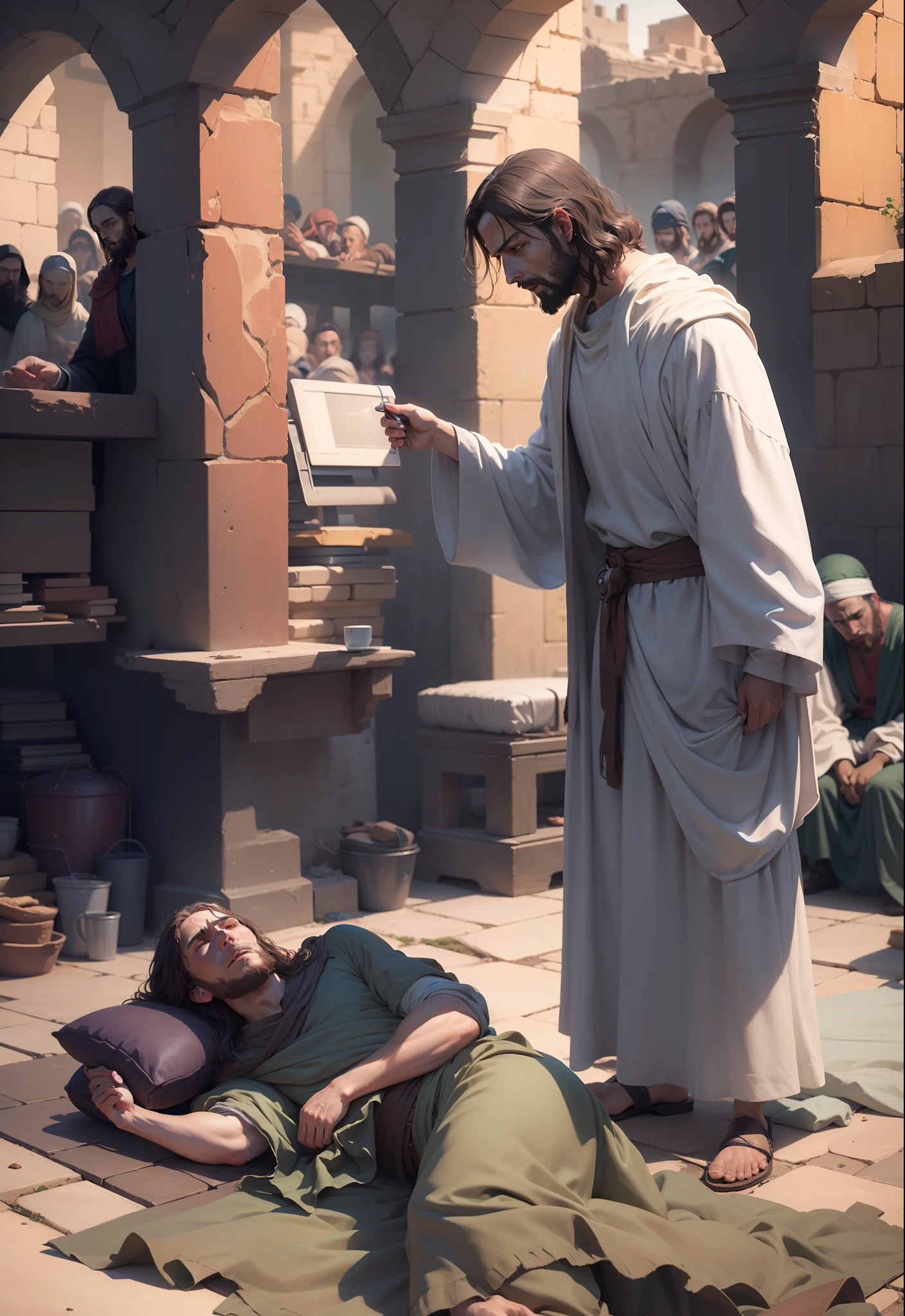 Jesus and the Paralytic, Biblical Illustration, Epic Biblical Representation, Super Realistic Image, Cinematic Lighting, Beautiful Representation, Realistic, 4K, HDR