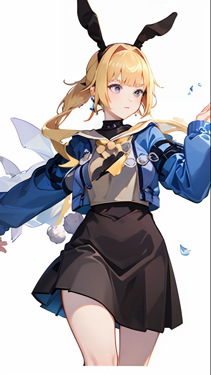 White sailor suit, plaid skirt, blonde hair, double ponytail, bangs, lively, rabbit ears