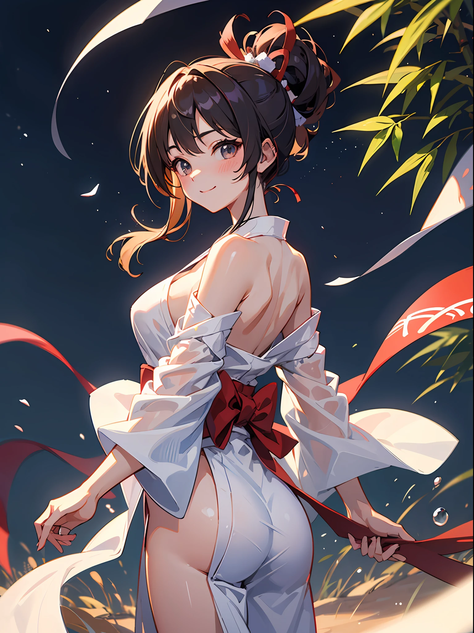 Masterpiece, super high quality, super detail, perfect drawing, beautiful girl in loincloth, Japan outfit, shirtless, bountiful breasts, back appearance, cute face, loli big ass, looking back with a cute smile, 3 sizes B95W60H90, Beautiful Girl, Samurai, in yukata, Black Ponytail, Hair tied up with a large red ribbon, Equipped with two Japan swords,blush (0.2), night view, coolness, bamboo, tanabata, milky way, summer triangle, scenic, wind current, elegance, beautiful background, accurate drawing, detailed drawing