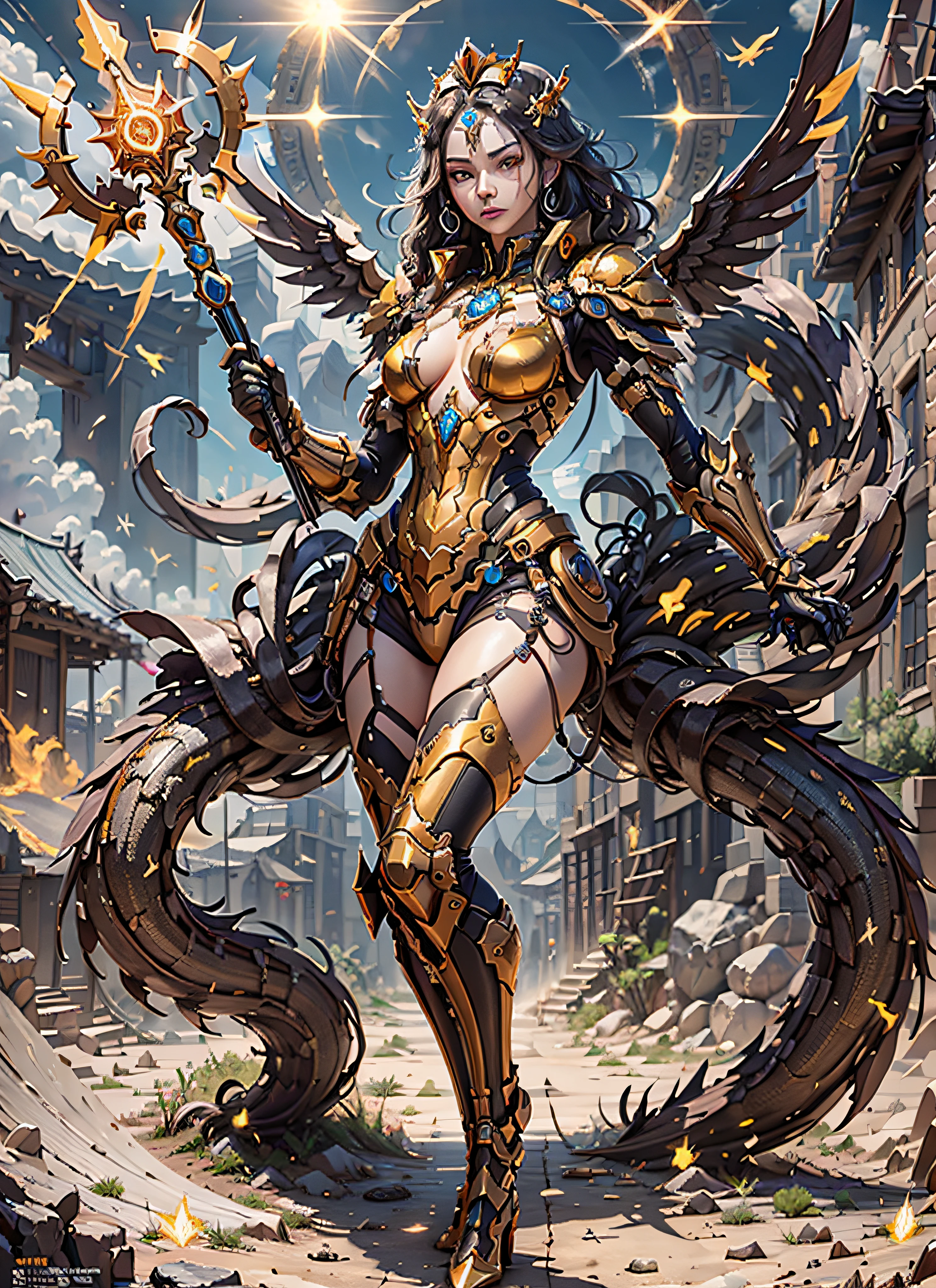 1girl, beautiful empress of the sun, detailed eyes, detailed face, detailed skin, mature body, tall body, seductive body, medium large chest, medium thigh, desert BREAK and pyramid bottoms, holding only a holy sun scepter, phoenix dragon in the sky, highly saturating sun rays, holy ceremony, angelic halo, dazzling golden and orange spark around, sacred magic circle, golden crown, golden majestic lightning, best quality, masterpiece, trend in art station, BREAK, detailed, realistic, highly detailed digital art 4k, octane rendering, bioluminescent, BREAK 8K resolution concept art, realism, by Mappa studios, masterpiece, best quality, official art, illustration, ligne claire, (cool_color), perfect composition, absurdists, fantasy, focused, full body in attack pose,