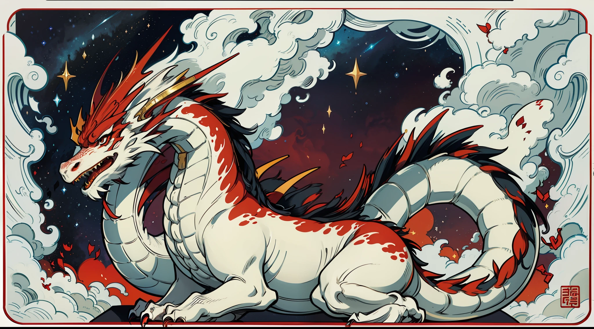 Chinese traditional dragon, auspicious rui, wisdom, color matching red and white, starry blank cloud background, dynamic sense