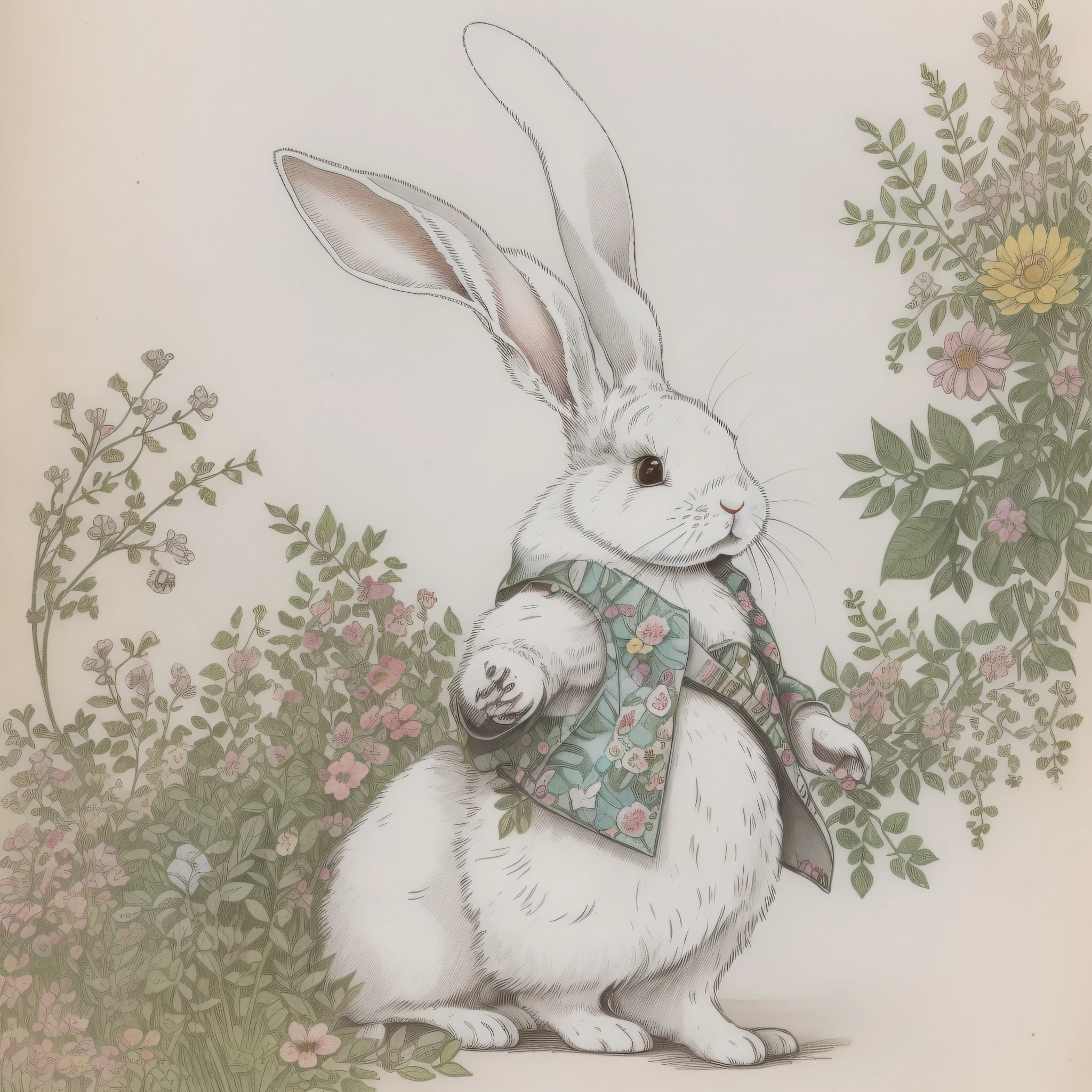 (((solo)), children's picture book drawings, rabbit in clothes, white rabbit, bipedal, rabbit personification, three-headed body, setting drawing, cute, two rabbit ears, color illustrations, setting materials, colorful colors, deformed rabbits, 18th century French clothes,