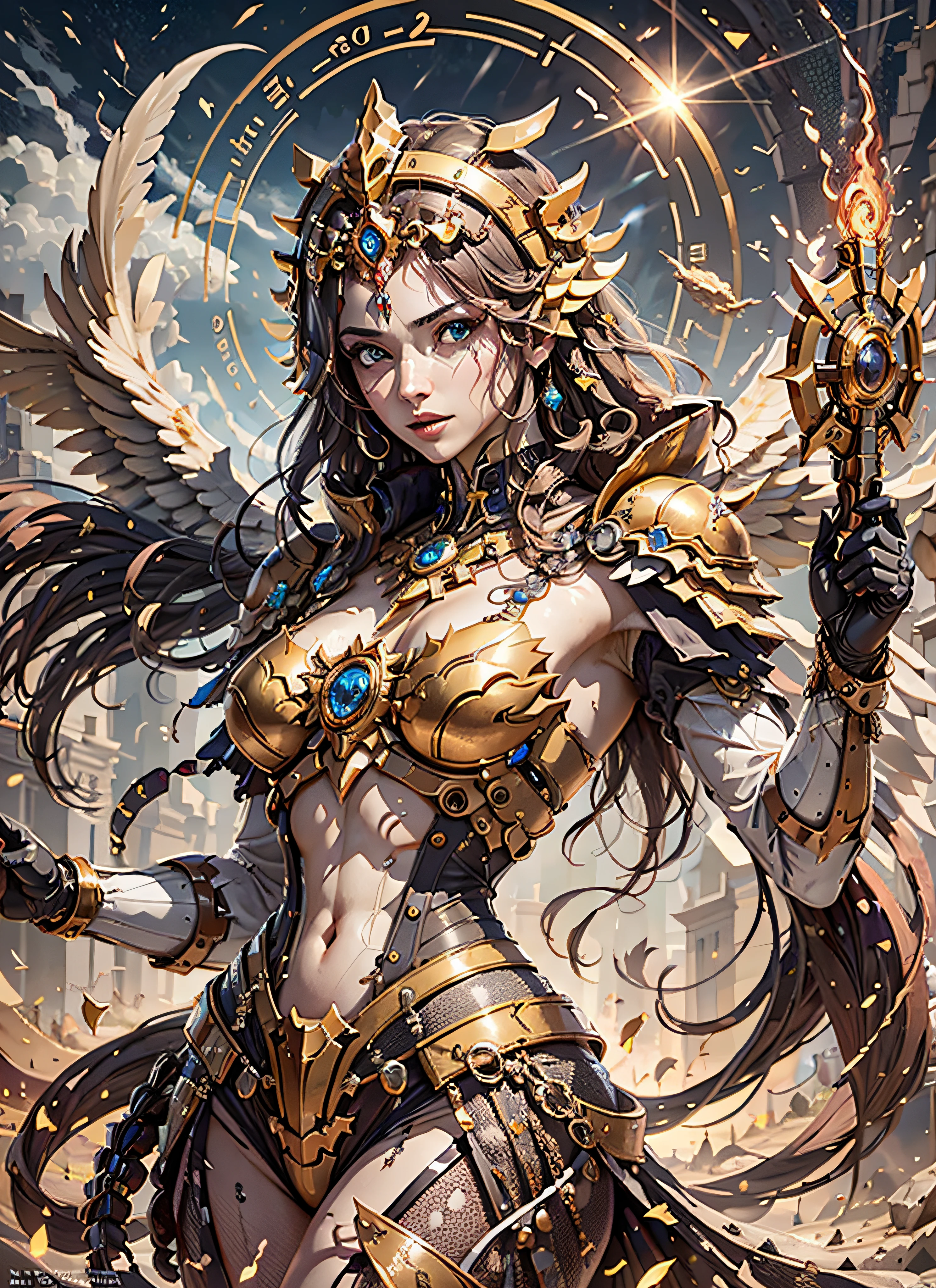 1girl, beautiful empress of the sun, detailed eyes, detailed face, detailed skin, mature body, tall body, seductive body, medium large chest, medium thigh, desert BREAK and pyramid bottoms, holding only a holy sun scepter, phoenix dragon in the sky, highly saturating sun rays, holy ceremony, angelic halo, dazzling golden and orange spark around, sacred magic circle,  golden crown, golden majestic lightning, best quality, masterpiece, trend in art station, BREAK, detailed, realistic, highly detailed digital art 4k, octane rendering, bioluminescent, BREAK 8K resolution concept art, realism, by Mappa studios, masterpiece, best quality, official art, illustration, ligne claire, (cool_color), perfect composition, absurdists, fantasy, focused, full body in attack pose,