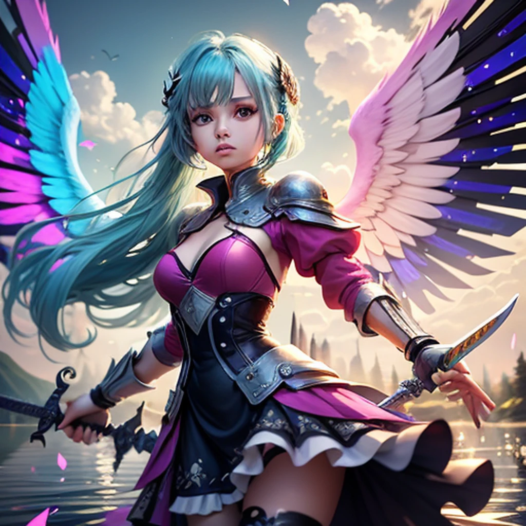 Masterpiece, {beauty},solo,1 girl, pink dress, fantastic hair, neon background white wings, cloud background, lake blue hair, weapon, sword