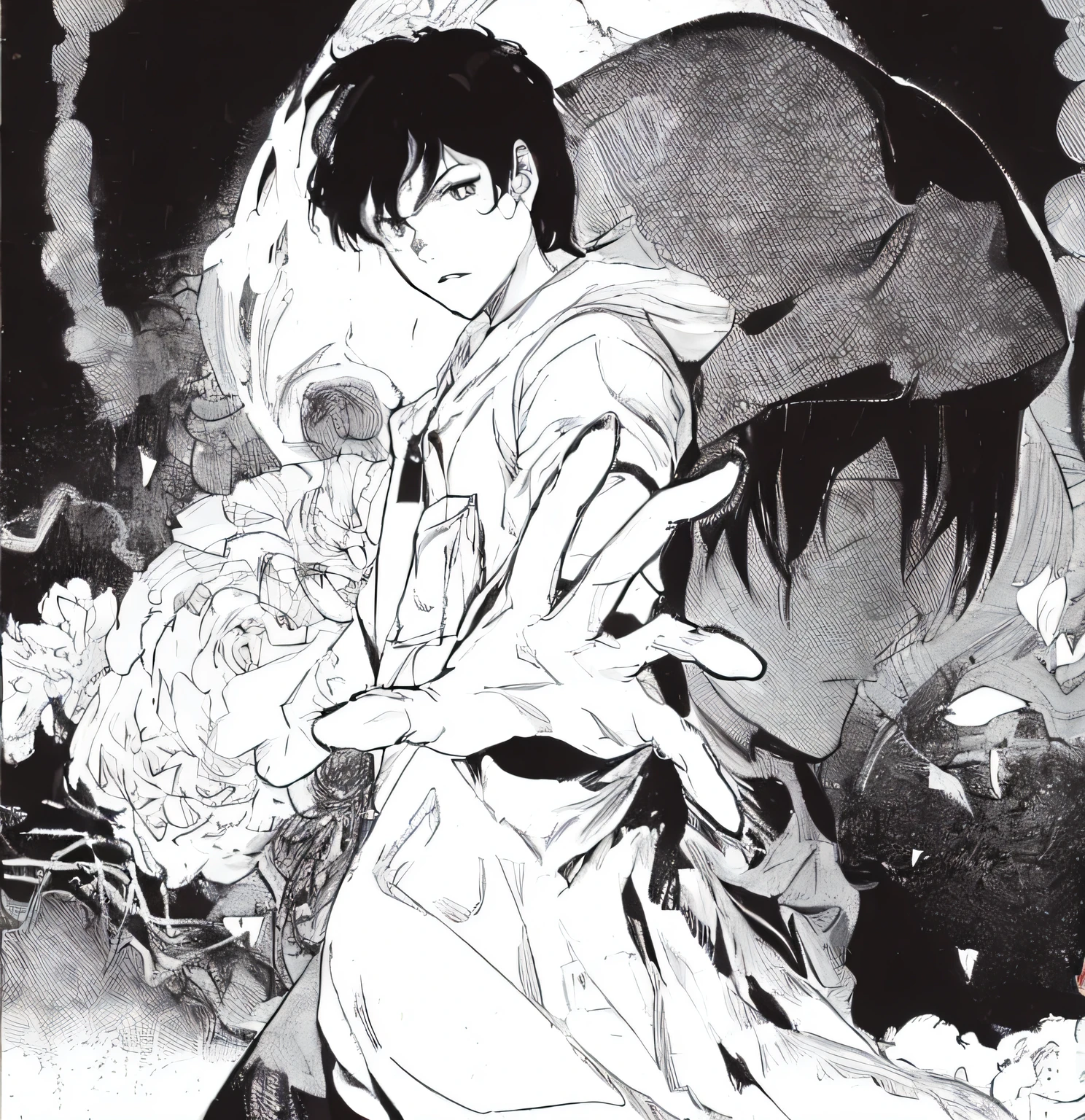 a close up of a person holding an umbrella near flowers, black and white manga style, black and white manga page, manga style of kentaro miura, tsutomu nihei style, manga scans, inspired by Urakusai Nagahide, black and white manga panel, ( ( ( yoshinari yoh ) ) ), mix styles of tsutomu nihei