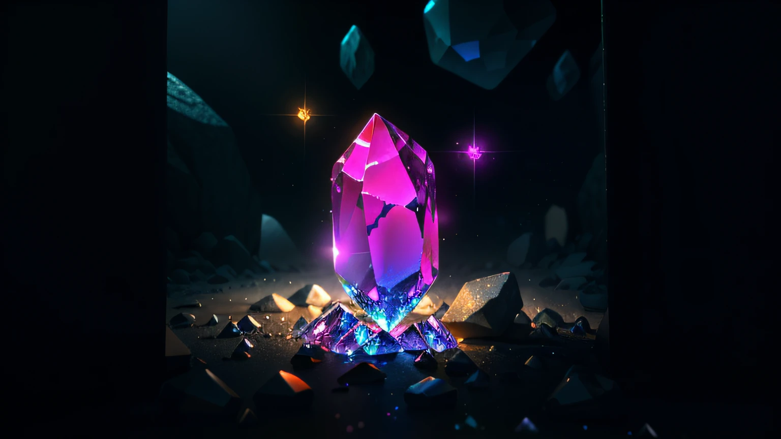 brightly colored crystal on a rock in the dark, glowing crystal on a rock, glowing crystals on the ground, glowing crystals, neon rainbow quartz, dimly glowing crystals, luminous sparkling crystals, made of crystal, magical crystals, crystals enlight the scene, 3 d render beeple, artgem and beeple masterpiece, made of crystals, glowing crystal cave