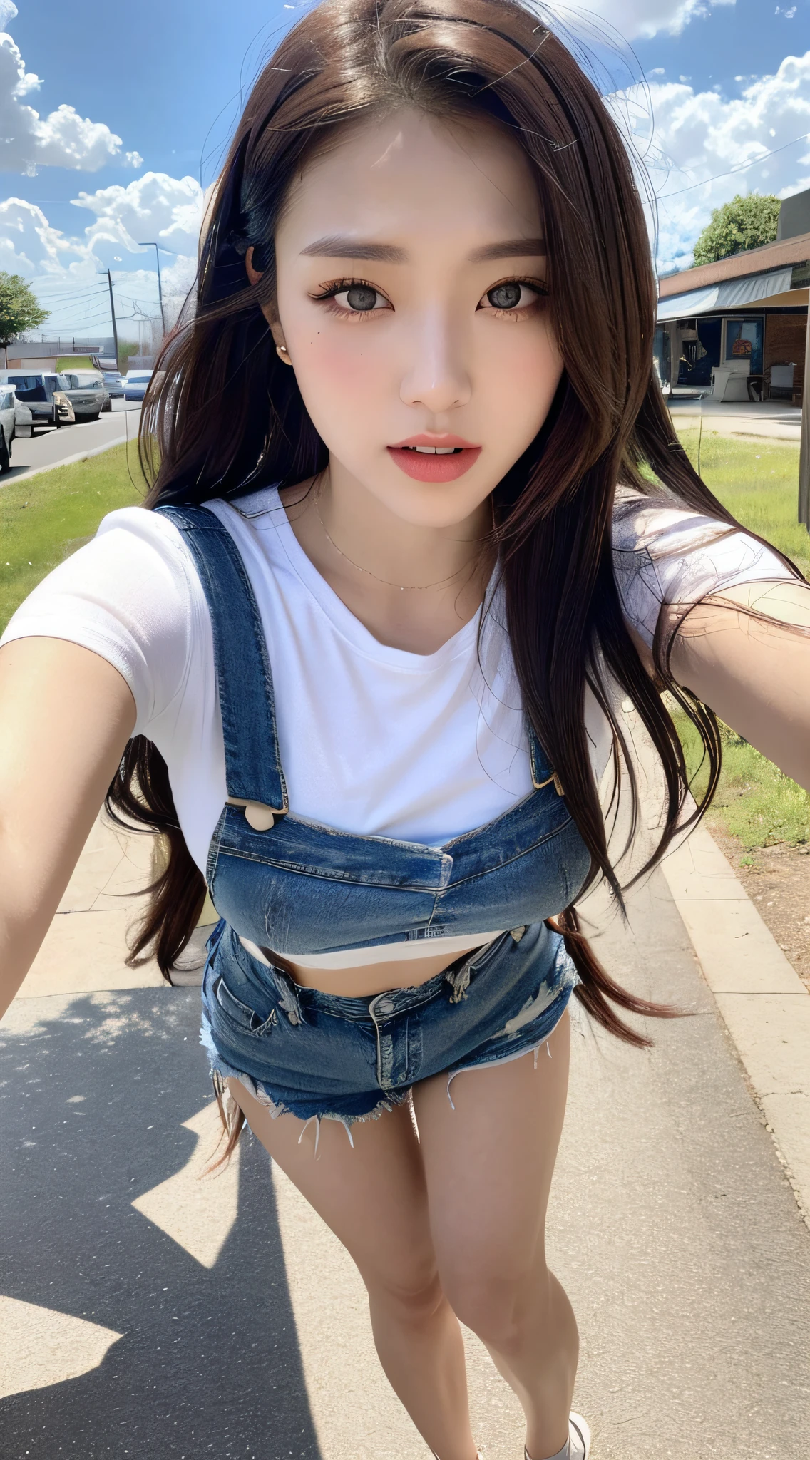 (Daytime, Excellent, 8K, Masterpiece:1.3)), Full body, Long legs, Focal length: 1.2, Perfect Body Beauty: 1.4, Slim Abs: 1.1, ((Dark Brown Hair, Big Breasts: 1.2 )), (White Skinny T-shirt, Denim Suspenders, Standing: 1.2), ((City, Blue Sky and White Clouds: 1.3)), Highly detailed face and skin texture, Detailed eyes, Double eyelids, Flying long hair